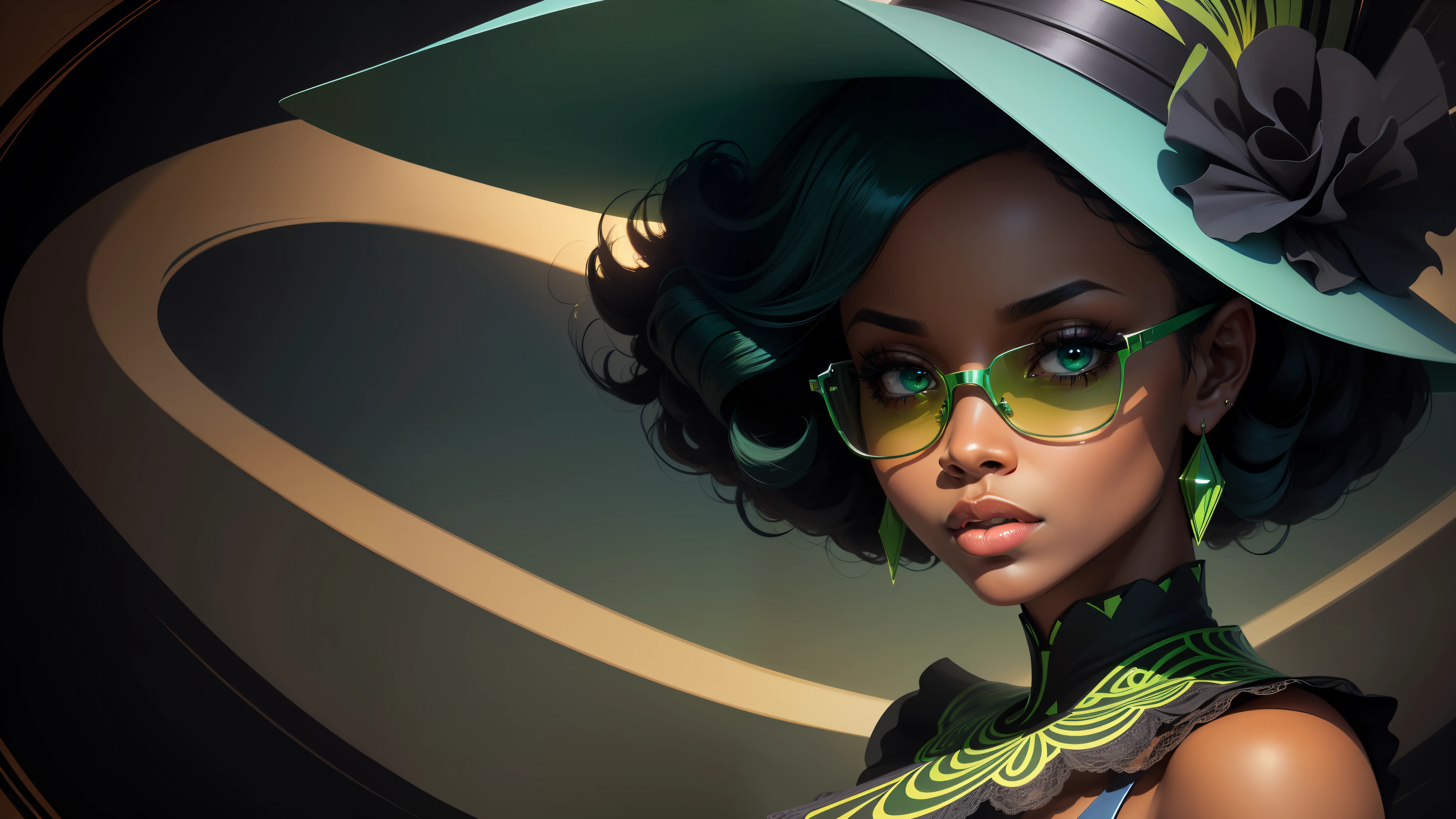 digital illustration, (close-up, character on the right), a single elegant black woman, with dress, hat and sunglasses, in the style of jazz, looking at the camera and forward, dramatic lighting, abstract flat background in green and dark blue, no text, (dark blue and green colors)