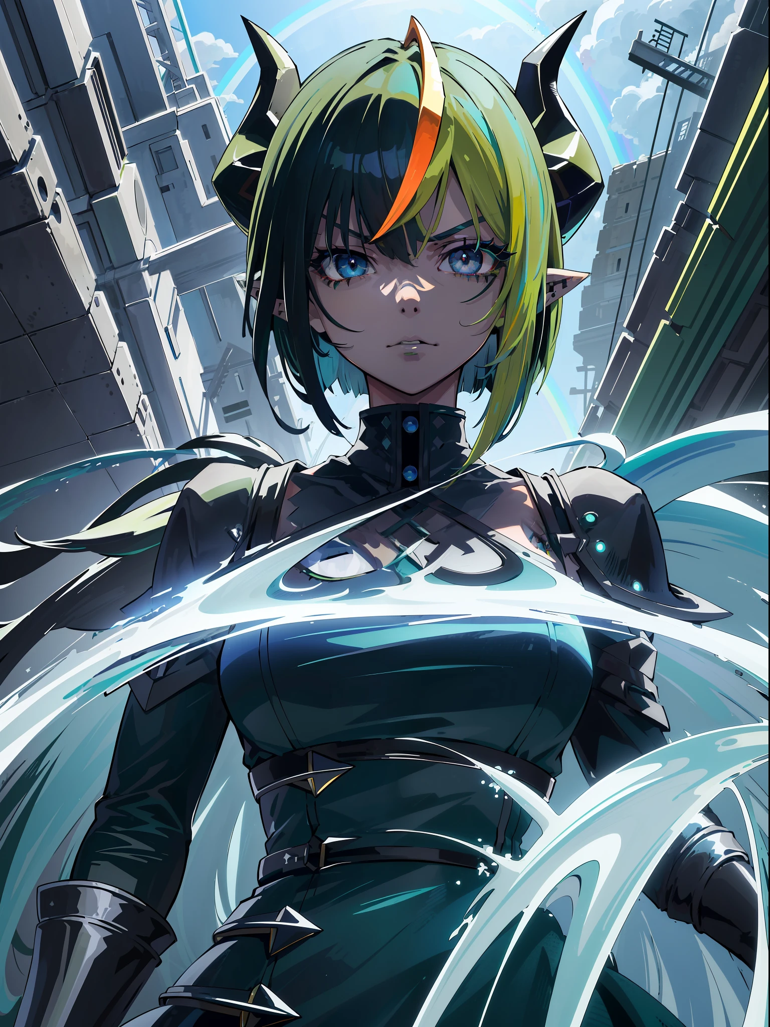 ((highest quality, masterpiece, 4k, finely detailed, detailed eyes, detailed face, gelbooru, pixiv)), warm lighting, ((highest quality, masterpiece, 4k, finely detailed, detailed eyes, detailed face, gelbooru, pixiv)), warm lighting, ((solo)), 1 woman, adult woman, mature woman, wide hips, seductive, ((two rainbow colored demon horns)), ((very sharp eye shape, dark mascara, steel blue eye color)), (((green haircolor, shaggy hair, bob haircut)), looking at viewer, mean expression, ((modern dress, dark black color)), dominant pose, ((pointy ears)), ((modern setting)), intense night city background