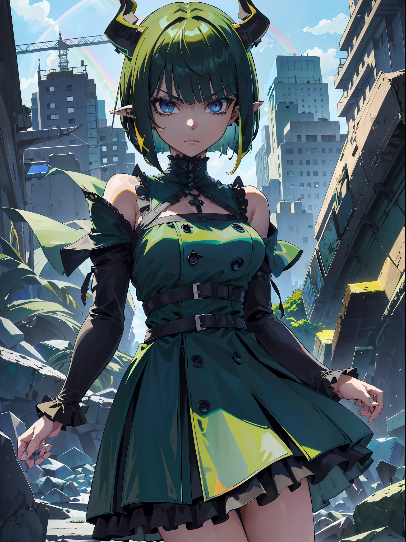 ((highest quality, masterpiece, 4k, finely detailed, detailed eyes, detailed face, gelbooru, pixiv)), warm lighting, ((highest quality, masterpiece, 4k, finely detailed, detailed eyes, detailed face, gelbooru, pixiv)), warm lighting, ((solo)), 1 woman, adult woman, mature woman, wide hips, seductive, ((two rainbow colored demon horns)), ((very sharp eye shape, dark mascara, steel blue eye color)), (((green haircolor, shaggy hair, bob haircut)), looking at viewer, mean expression, ((modern dress, dark black color)), dominant pose, ((pointy ears)), ((modern setting)), intense night city background