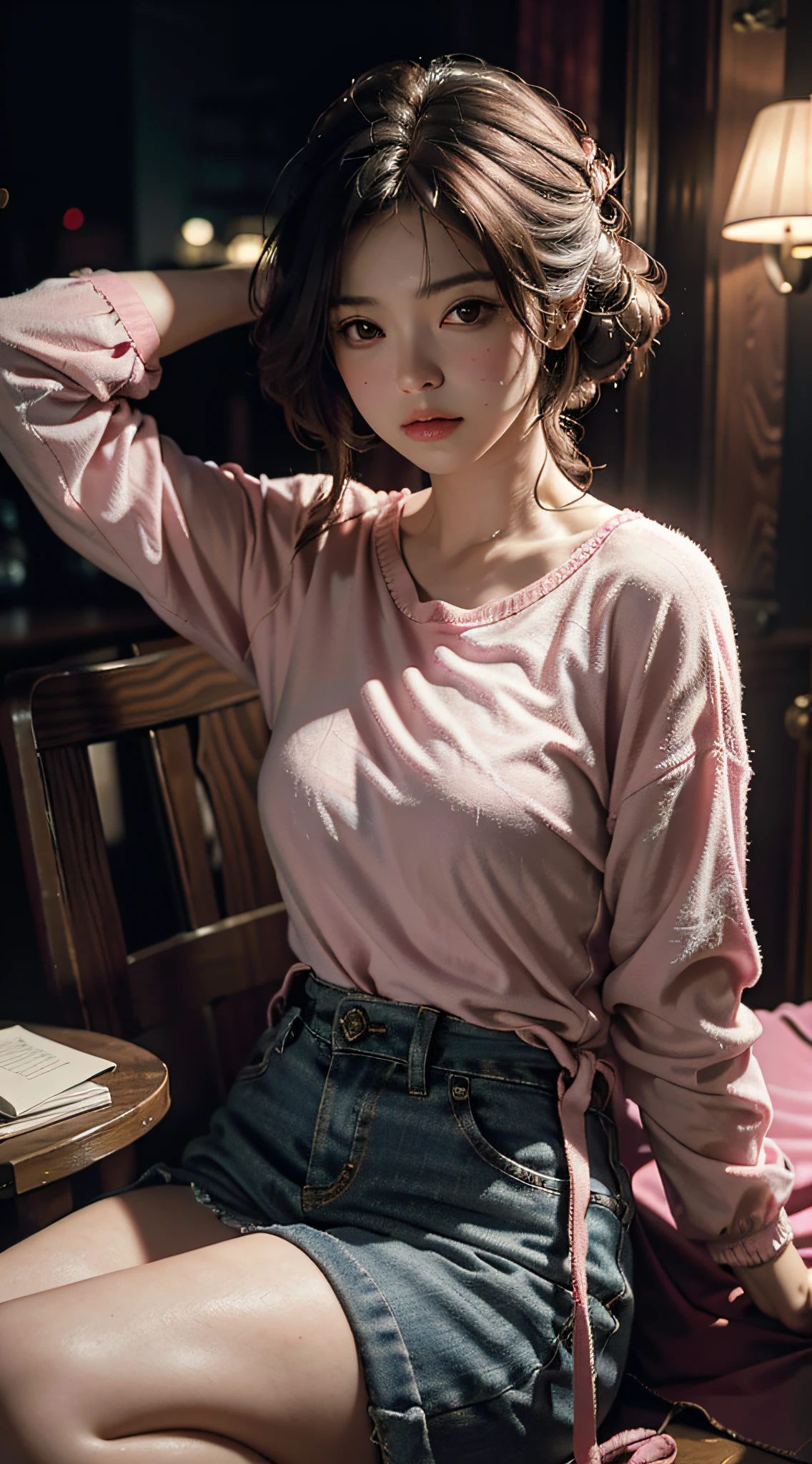 Best quality, masterpiece, super high resolution, (fidelity: 1.4), original photo, 1girl, mature, pink top, cinematic lighting