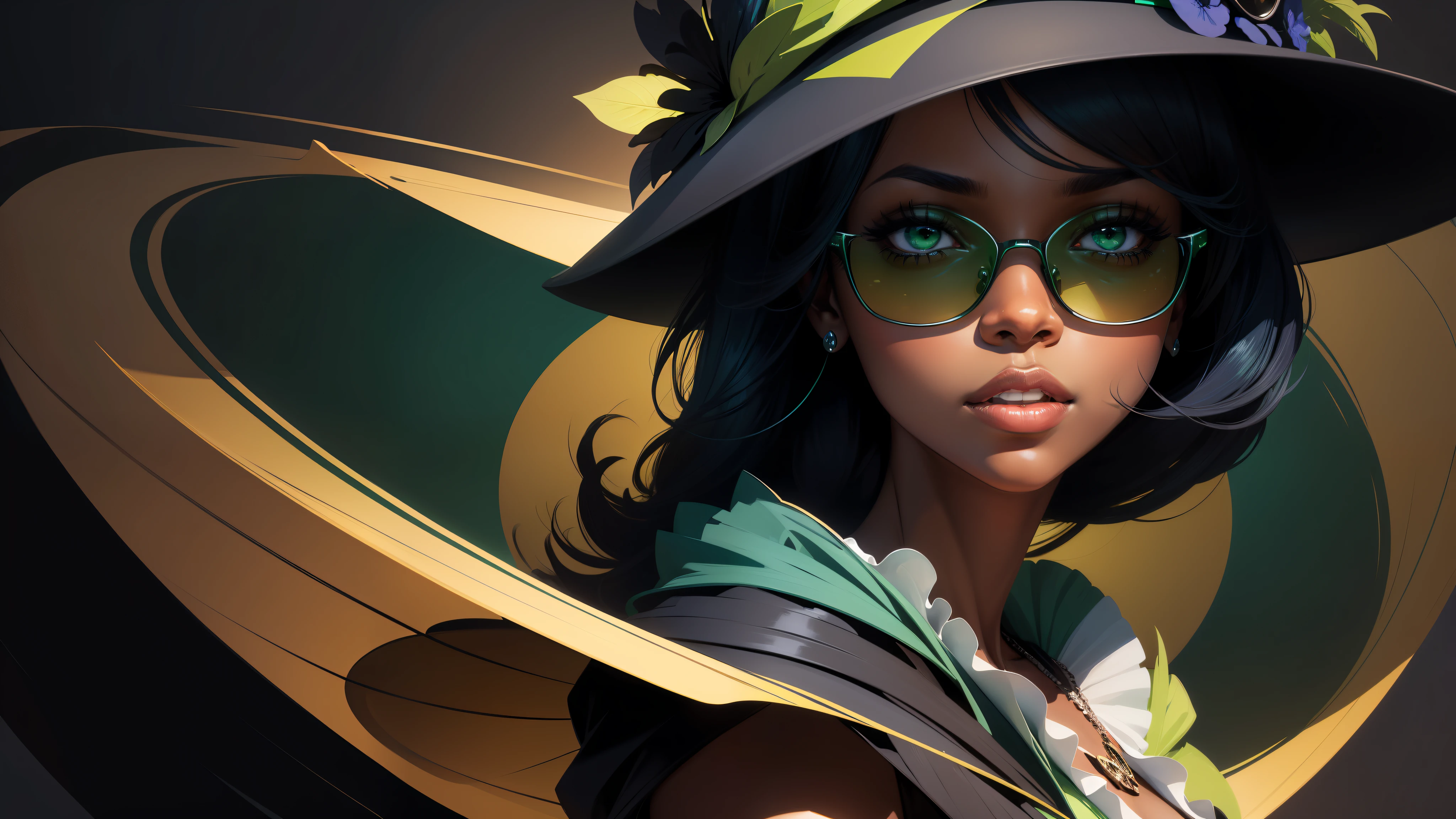 digital illustration, (close-up, character on the right), a single elegant black woman, with dress, hat and sunglasses, in the style of jazz, looking at the camera and forward, dramatic lighting, abstract flat background in green and dark blue, no text, (dark blue and green colors)