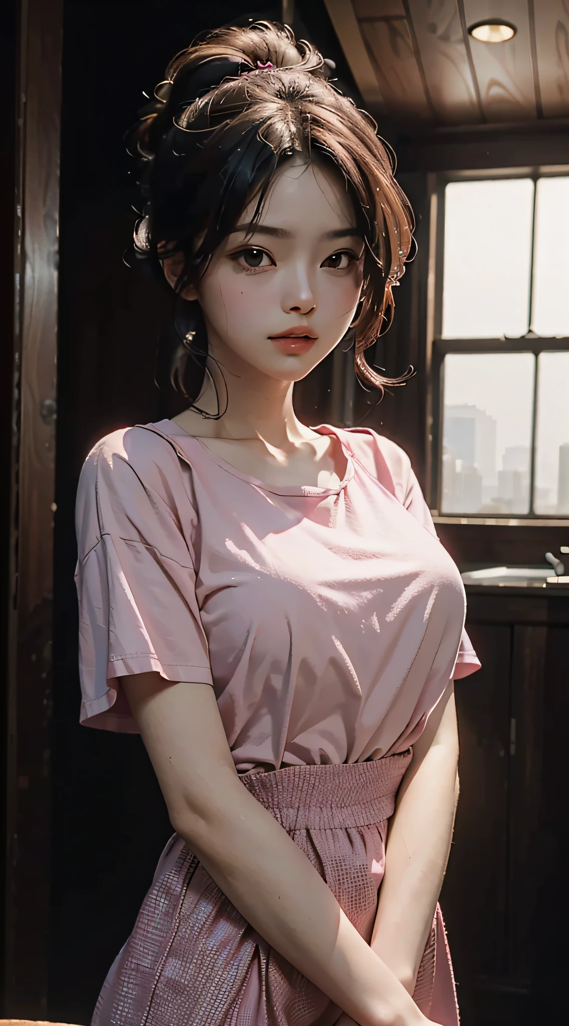 Best quality, masterpiece, super high resolution, (fidelity: 1.4), original photo, 1girl, mature, pink top, cinematic lighting