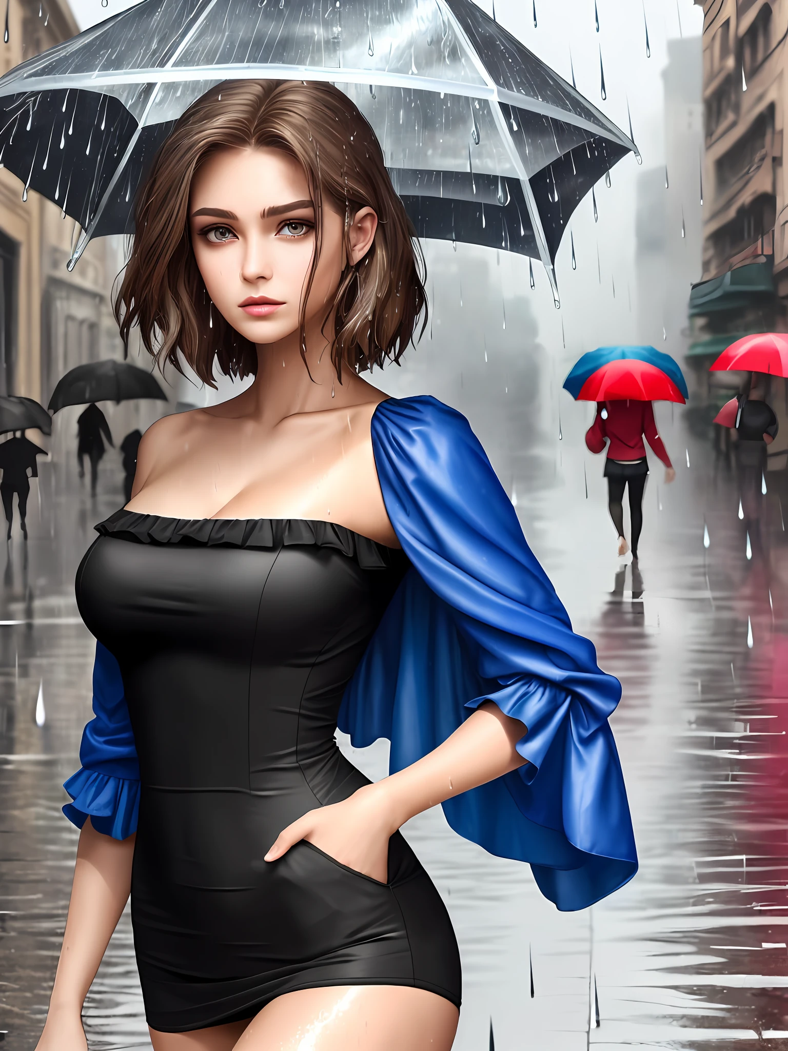 ((Best Quality, 8k, Masterpiece:1.3)), Focus:1.2, Perfect Body Beauty:1.4, Buttocks:1.2, ((Layered Haircut, Breasts:1.2)), (Wet Clothes:1.1) , (Rain, Street:1.3), Bandeau Dress: 1.1, Highly Detailed Face and Skin Texture, Fine Eyes, Double Eyelids, Whitened Skin, Long Hair, (Shut Up: 1.3)