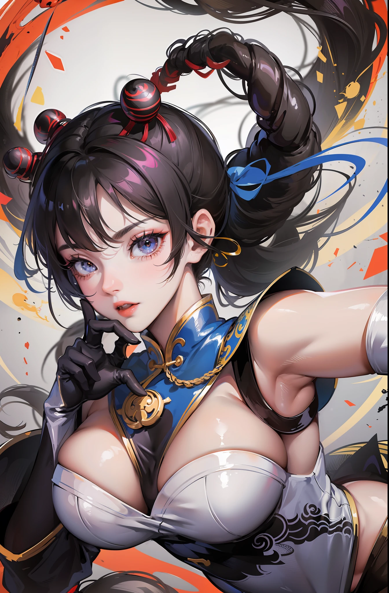 Chun Li, Pixiv style, double eyelids, long eyelashes, black pantyhose, white high boots, ink style Chinese dragon surrounding, dynamic action