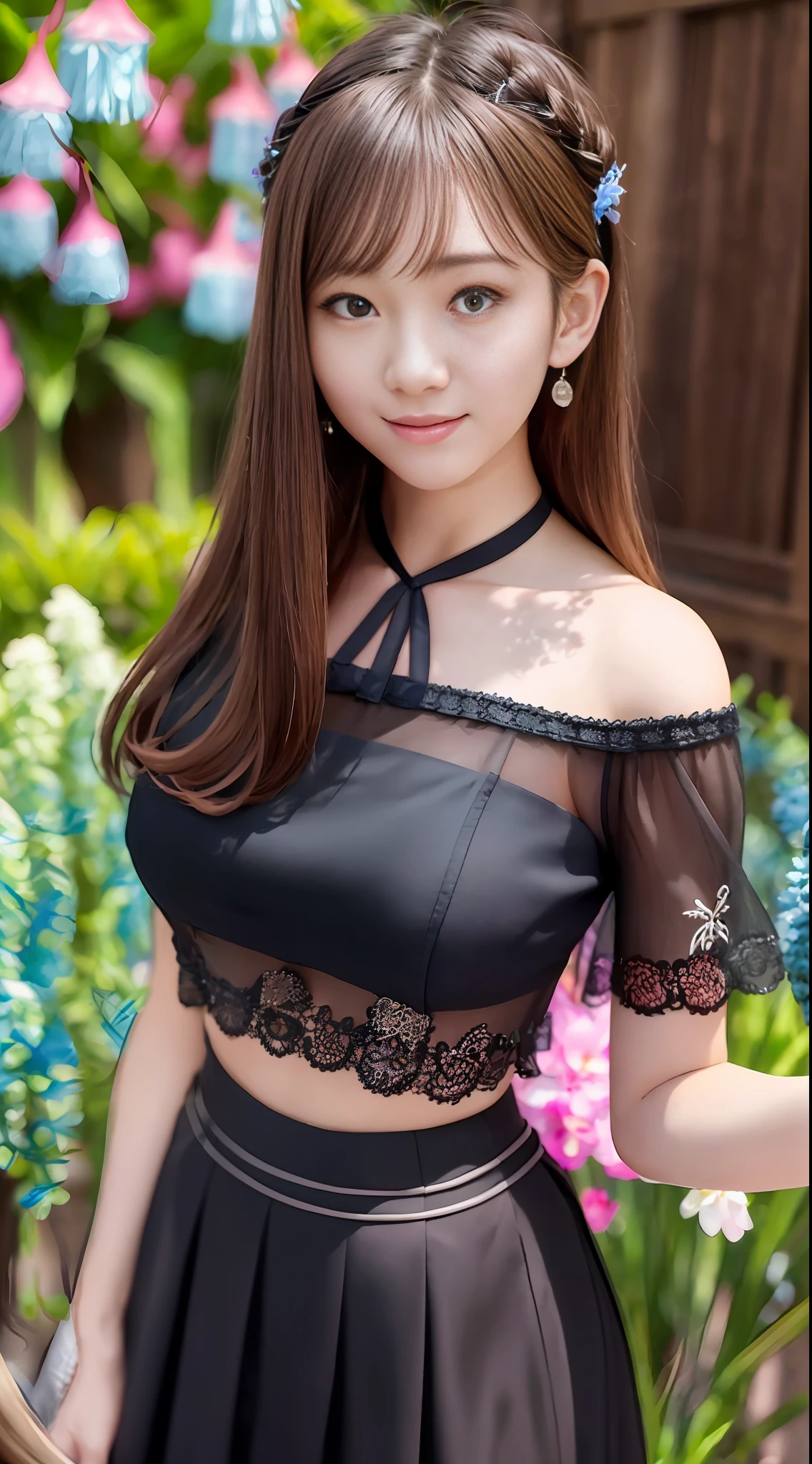 Smiling minchen, mouth closed, balanced eyes, (Best Quality Detail: 1.2), Realistic, 8K HD, Ultra-detailed, High Quality Texture, Intricate Detail, Detailed Texture, Fine Detail, High Detail, Very Detailed CG, Delicate Beautiful Delicate Face, (Delicate Beautiful Delicate Eyes: 1.32), Very Bright Lighting, Ray Tracing, (A Beautiful 25-Year-Old Cute Japanese Lady: 1), Proud, Tall Feminine, Beautiful Legs, Glowing Eyes, Blush, Very White Skin, Perfect Body Petite, Silver Tight Bra, [Brown Skirt]: 1, Stockings and suspenders: 1.2, long hair, short pink skirt, comfortable living room, sun, hands open, earrings, necklace, model, looking at the audience, standing pose, from the side, dynamic pose, front