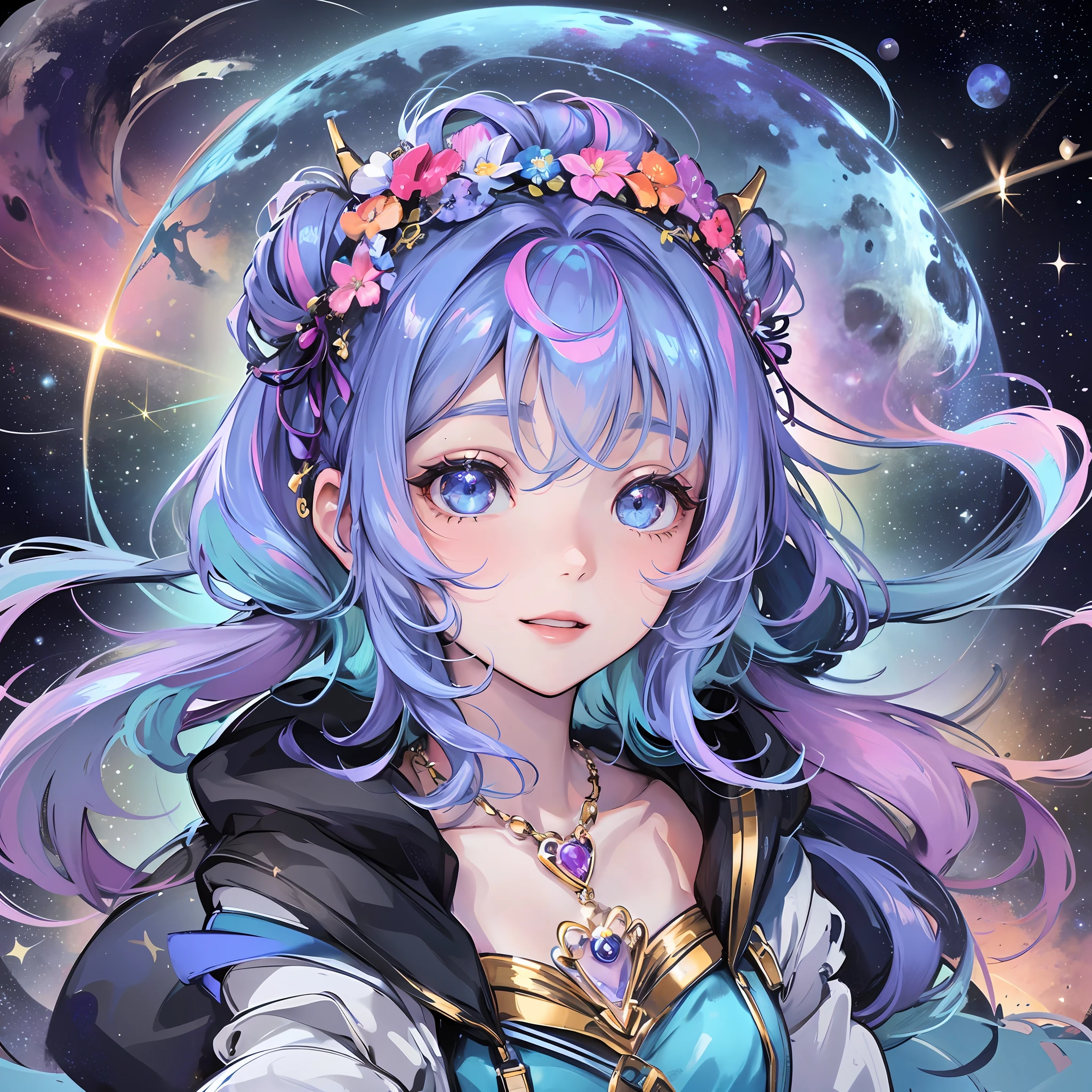 The image prompt features an adorable anime-inspired character for a profile picture (PFP) to complement the username "KawaiiGalaxy." The character is depicted with wide, bright eyes that resemble the sparkling stars in the night sky. Their eyes are filled with wonder and excitement, radiating a sense of joy and cuteness.

The character has a kawaii aesthetic, with rosy cheeks that add a touch of innocence and charm. They have a cheerful smile that reveals their playful nature. Their hair is styled in cute pigtails, adorned with colorful ribbons or hair accessories featuring star and galaxy motifs.

Wearing a celestial-themed outfit, the character is dressed in a pastel-colored dress adorned with whimsical star patterns. The dress has a flowing and playful design, adding to the character's youthful appearance. Additionally, they may wear a cute space-themed hoodie with a galaxy print or vibrant celestial colors.

To further enhance the galactic vibe, the character is adorned with accessories. They wear a star-shaped hairpin, which sparkles with tiny rhinestones, nestled in their hair. They also wear a necklace featuring a small moon pendant, symbolizing the connection to the celestial realm. The character may even have a celestial headband, adorned with plushie planets, adding a touch of whimsy.

The background of the image prompt showcases a captivating galaxy scene. It depicts a vibrant and dreamy universe filled with stars, planets, and cosmic wonders. The stars twinkle and shimmer, creating a magical ambiance. Shooting stars streak across the sky, leaving trails of stardust in their wake. A playful moon peeks out, wearing a mischievous grin. The overall color palette consists of soft pastel tones, giving the image a soothing and enchanting feel. --auto --s2