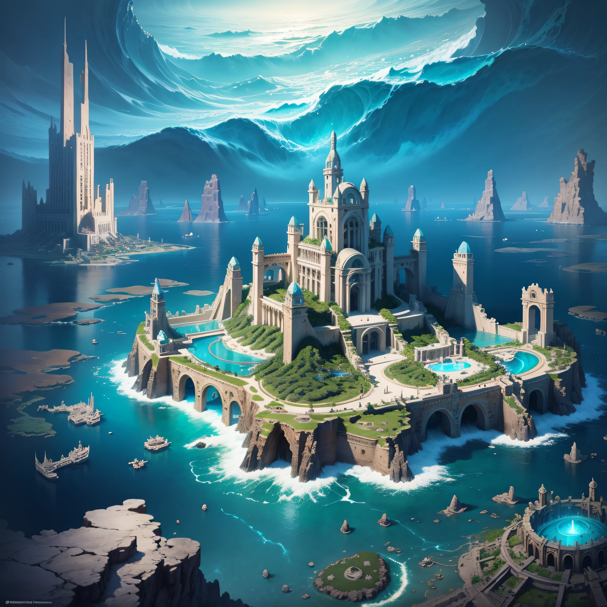 Atlantis: A lost city of great wisdom and power, now drowned beneath the sea, Exhaustive, in the style of Greg Simkins, 8k resolution --auto --s2