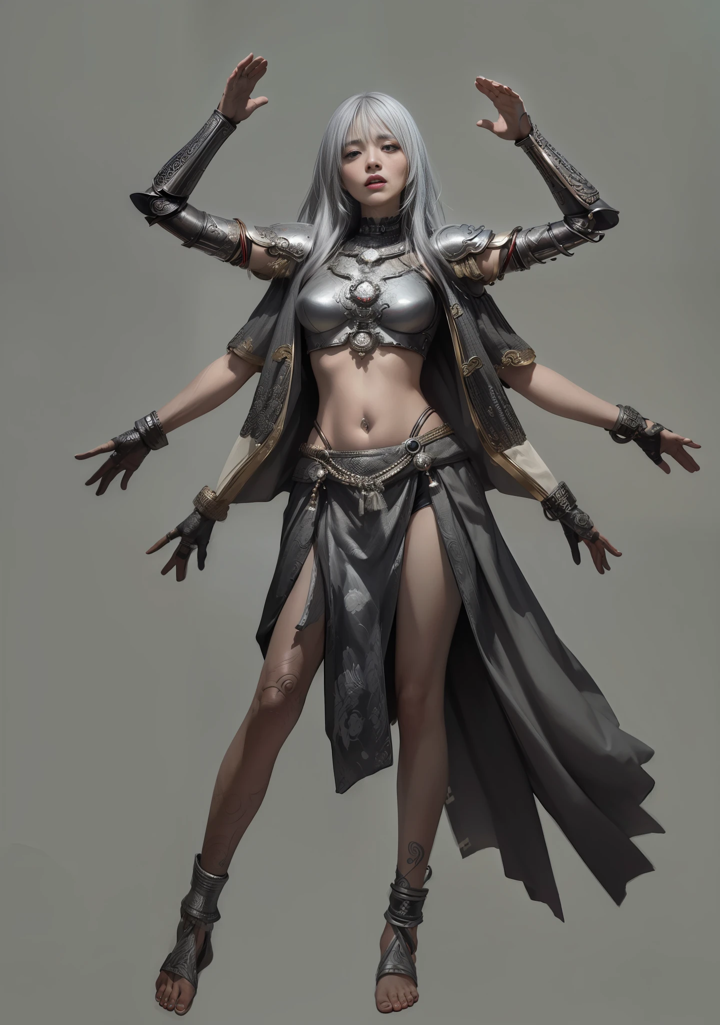 Asura Goddess, Buddhist elements, detailed face and eyes, silver long hair, full body, Japanese armor, rich details, gorgeous patterns, shabby fabric, barefoot, realistic, photo, masterpiece, realism, high contrast, realistic digital art trends in Artstation 8k HD HD details realistic, detailed, skin texture, super detailed, realistic skin texture, armature, best quality, super high resolution, (realistic:1.4),, high resolution, detailed, original photo, sharp re, Lee Jeffries Nikon D850 Film Stock Photo 4 Kodak Portra 400 Camera F1.6 Lens Rich Colors Ultra-realistic textures Dramatic lighting Unreal Engine Trends on the Art Station Movie Still 800