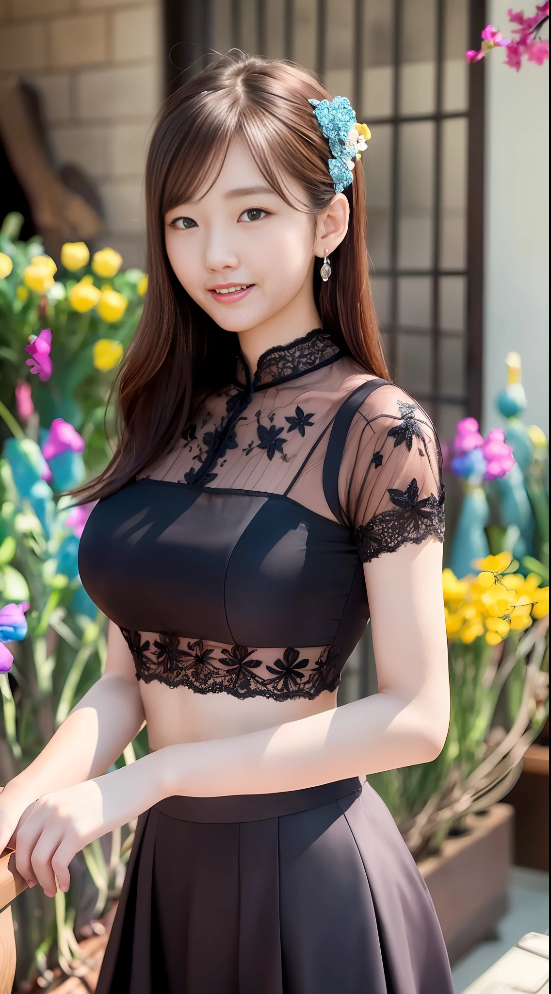 Smiling minchen, mouth closed, balanced eyes, (Best Quality Detail: 1.2), Realistic, 8K HD, Ultra-detailed, High Quality Texture, Intricate Detail, Detailed Texture, Fine Detail, High Detail, Very Detailed CG, Delicate Beautiful Delicate Face, (Delicate Beautiful Delicate Eyes: 1.32), Very Bright Lighting, Ray Tracing, (A Beautiful 25-Year-Old Cute Japanese Lady: 1), Proud, Tall Feminine, Beautiful Legs, Glowing Eyes, Blush, Very White Skin, Perfect Body Petite, Silver Tight Bra, [Brown Skirt]: 1, Stockings and suspenders: 1.2, long hair, short pink skirt, comfortable living room, sun, hands open, earrings, necklace, model, looking at the audience, standing pose, from the side, dynamic pose, front