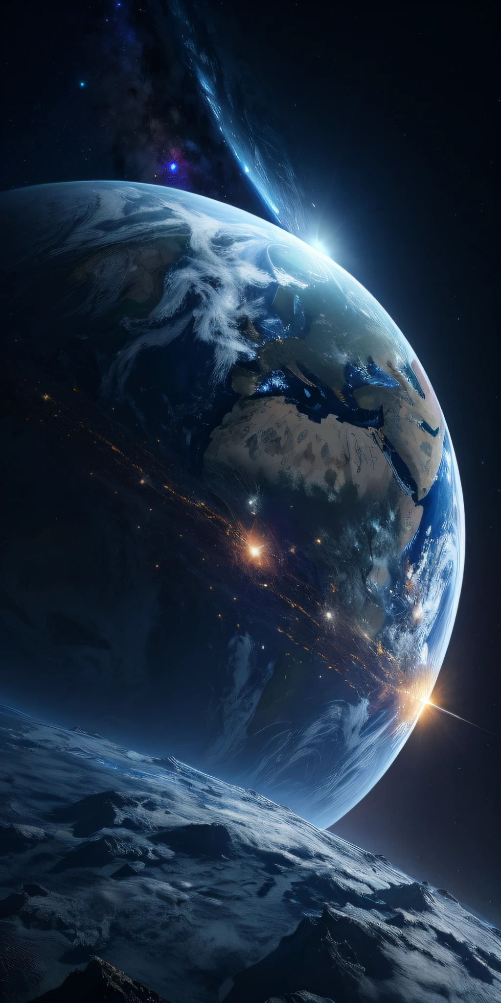 a close up of a planet with a bright light shining down, looming over earth in space, earth in space, planet earth background, planet earth in foreground, planet earth in the background, planet earth in the foreground, the earth from space, earth in background, photo of earth from space, earth in the background, earth in foreground, earth outside, earth in the foreground --auto --s2