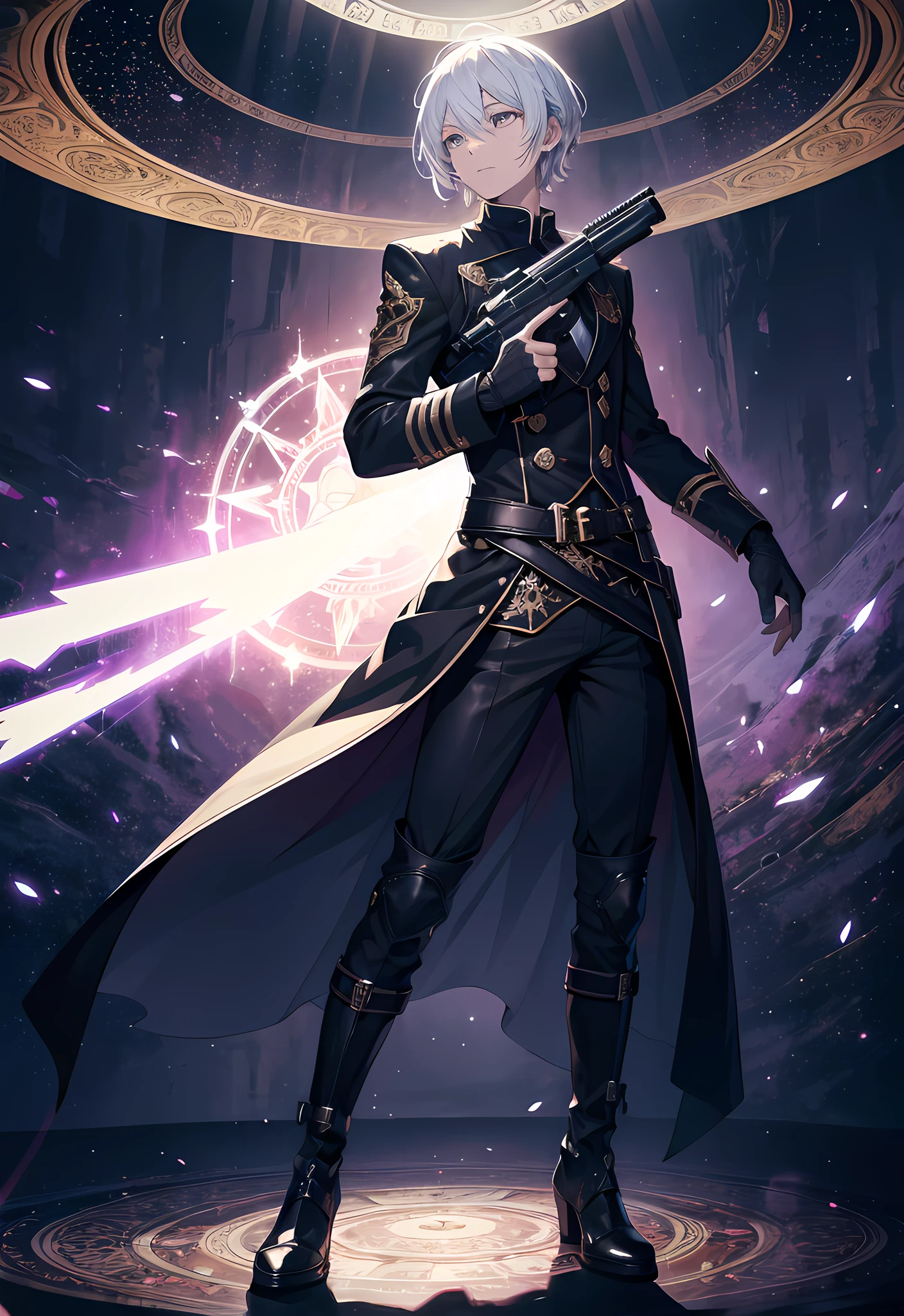 (absurdres, highres, ultra detailed, HDR), masterpiece, best quality, solo, a boy holding gun, magic gun, intricate gun, handsome, short hair, white hair, leather outfit, BREAK, dark persona, light persona, fractal, full body, ceiling, artistic background, Bio-luminescence, geometric, Organic, blessing, favor, exalted, fantasy, celestial, sublime, noble, unfolding, unraveling, spiritual, dignified, magic circle, spark, swirl, vortex, real shadow, from side, look at viewer