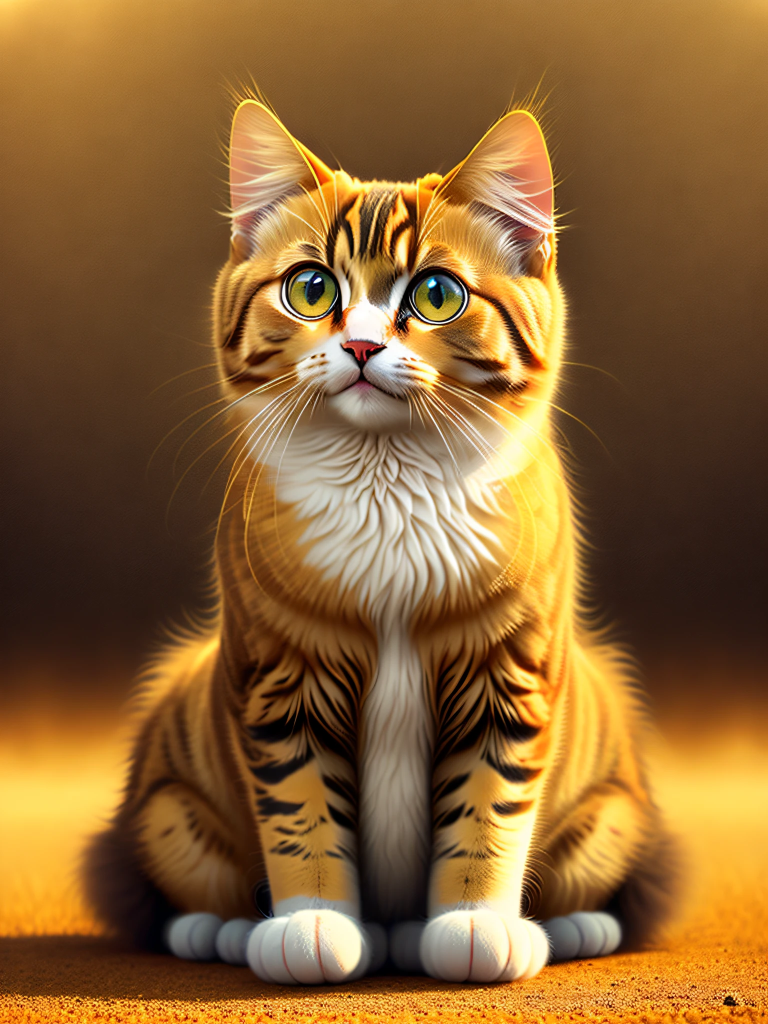 An absolutely adorable cat with soft fur and large, wide, expressive eyes is mottled and tackling in the golden sunshine.