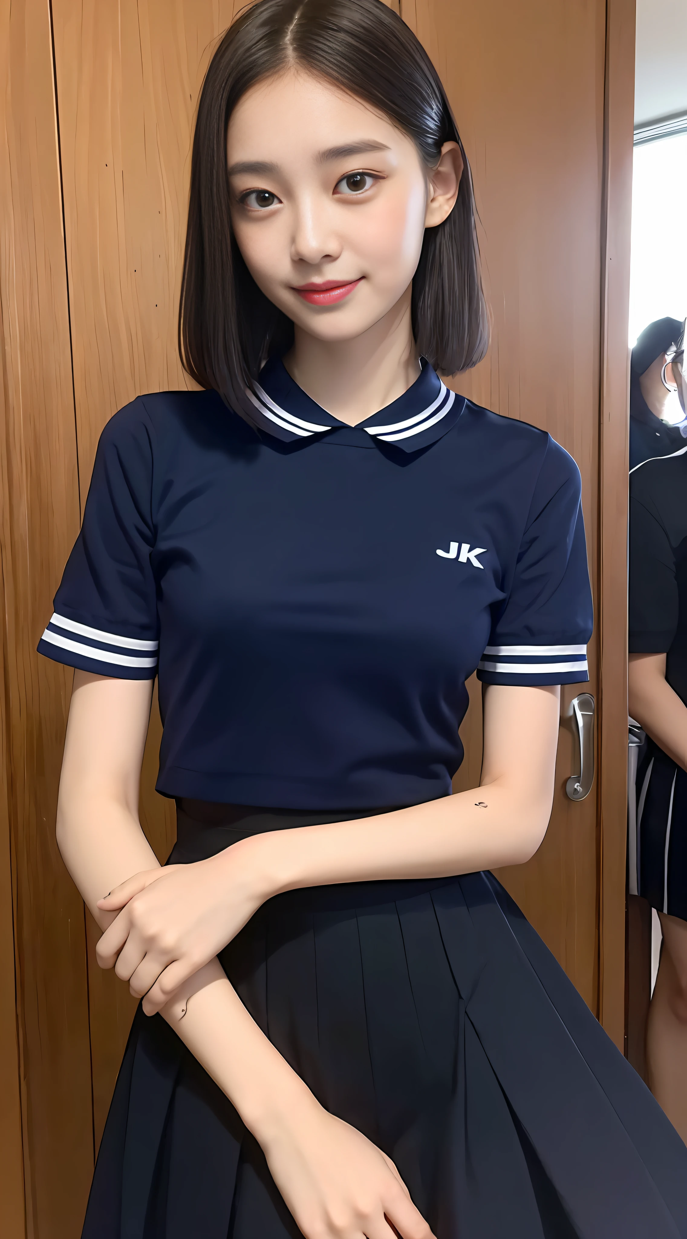 ((Best Quality, 8K, Masterpiece: 1.3)), 1 girl, slim, (short sleeves JK_shirt), JK_style, (navy JK_skirt), ultra-slender face, delicate eyes, double eyelids, drooping eyes, smile,