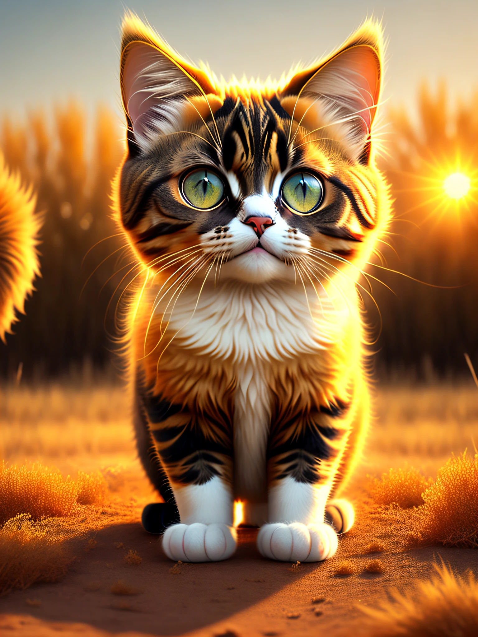 An absolutely adorable cat with soft fur and large, wide, expressive eyes is mottled and tackling in the golden sunshine.