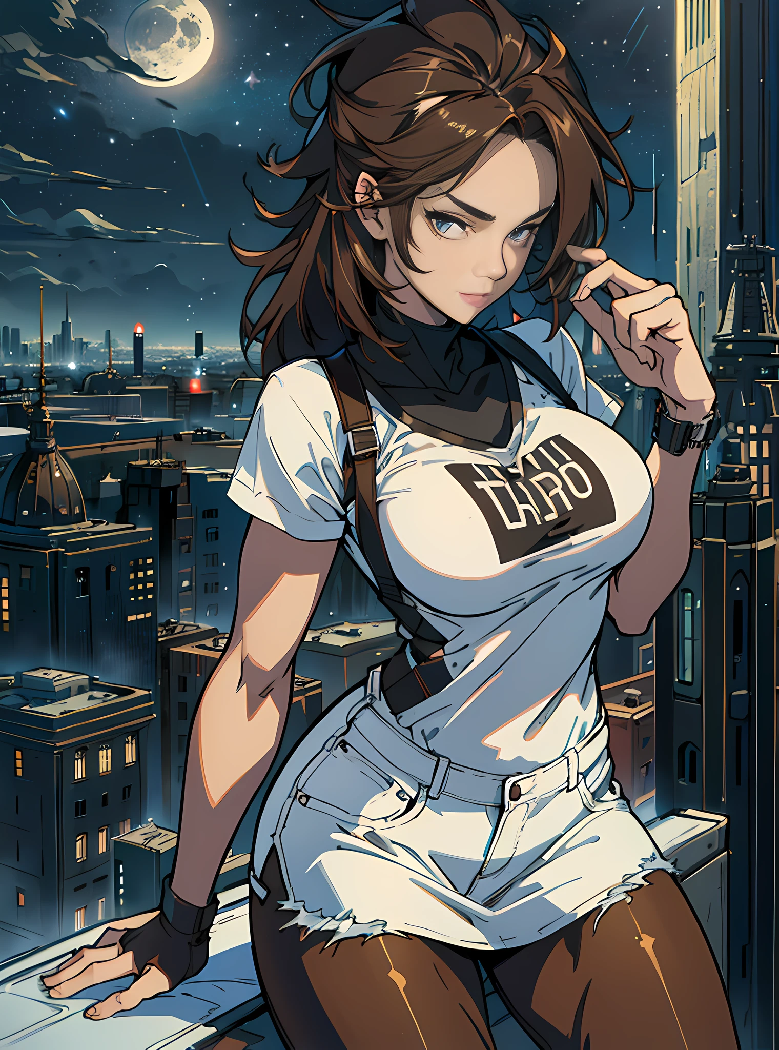((Midnight, Best quality, 8k, Masterpiece :1.3)), Whole body, Long legs, Sharp focus :1.2, A pretty woman with perfect figure :1.4, Slender abs :1.1, ((Dark brown hair, Big breasts :1.2)), (White tight tshirt, Jean bib, Standing:1.2), ((Night city view, Rooftop:1.3)), Highly detailed face and skin texture, Detailed eyes, Double eyelid