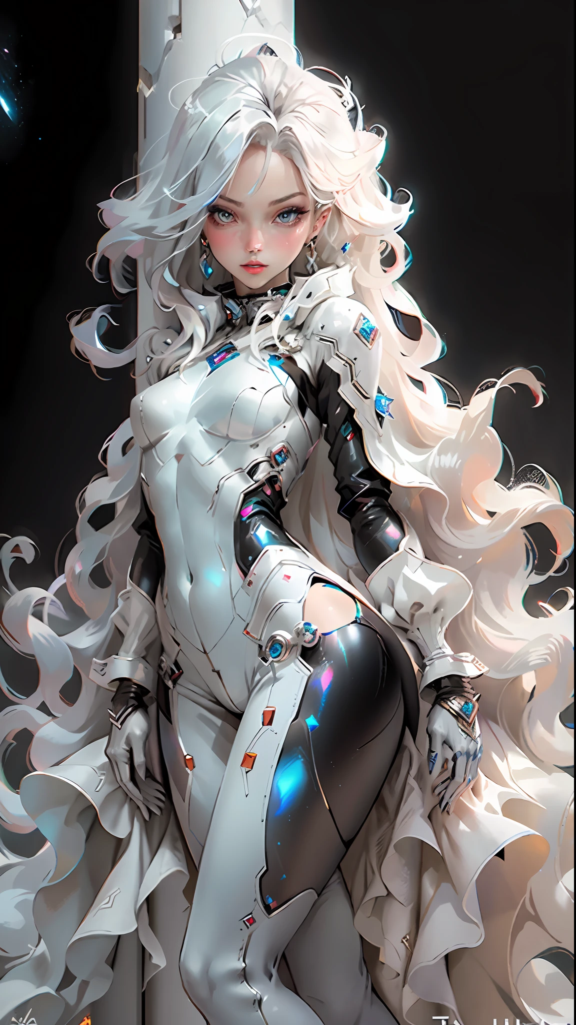 Best image quality, floating sofa, wearing silver tights with chrome plating effect, holographic effect, with white shiny skin, intense highlights and silver sparkle, a woman, with high heels and red lips, starry sky background, blue tones, cold tones, psychedelic feeling, extremely low shooting angle, detailed lighting.