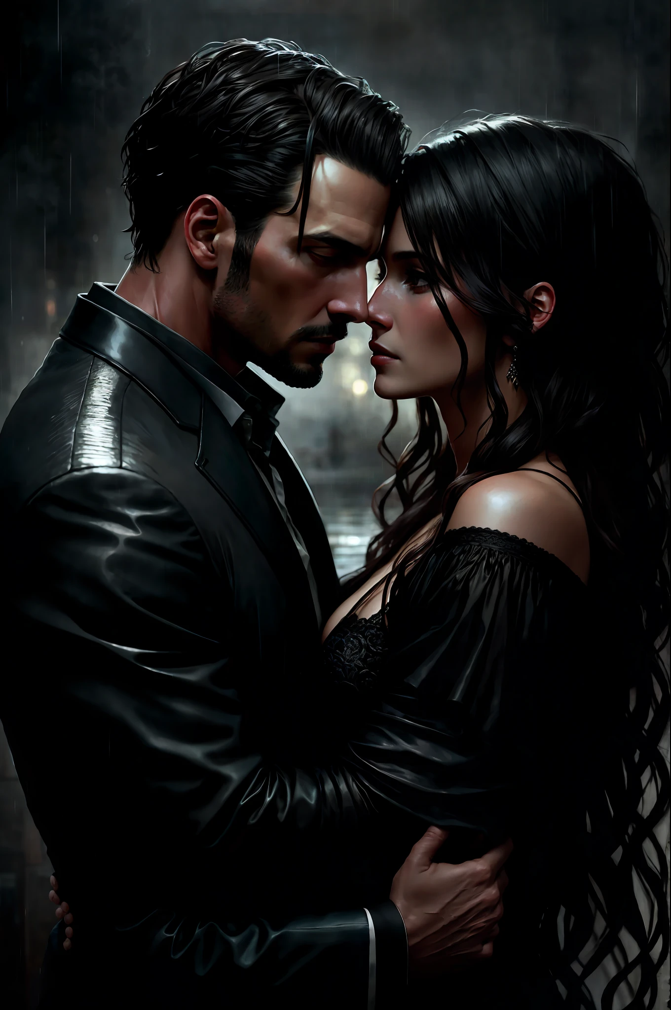 Style-FaeMagic3, (deep shadow:1.2), dark black, night, (masterpiece:1.1), high quality photo of a man and a wife embracing in the rain in (night:1.2), (up close:1.1)(high quality:1.1), looking into each other's eyes, (romantic:1.1), (wet clothes:1.1), wet skin, (soaked:1.1), freedom, romance, by lee jeffries nikon d850 film stock photography 4 kodak portra 400 camera f1.6 lens rich colors hyper realistic texture dramatic lighting unreal engine trend on artstation cinestill 800, deeply in love, hugging, long hair, evelynnobodysd15, John Constable, Ed Blinkey, Atey Ghailan, Studio Ghibli, by Jeremy Mann, Greg Manchess, Antonio Moro, trending on ArtStation, trending on CGSociety, wedding, passionate look, eye to eye,