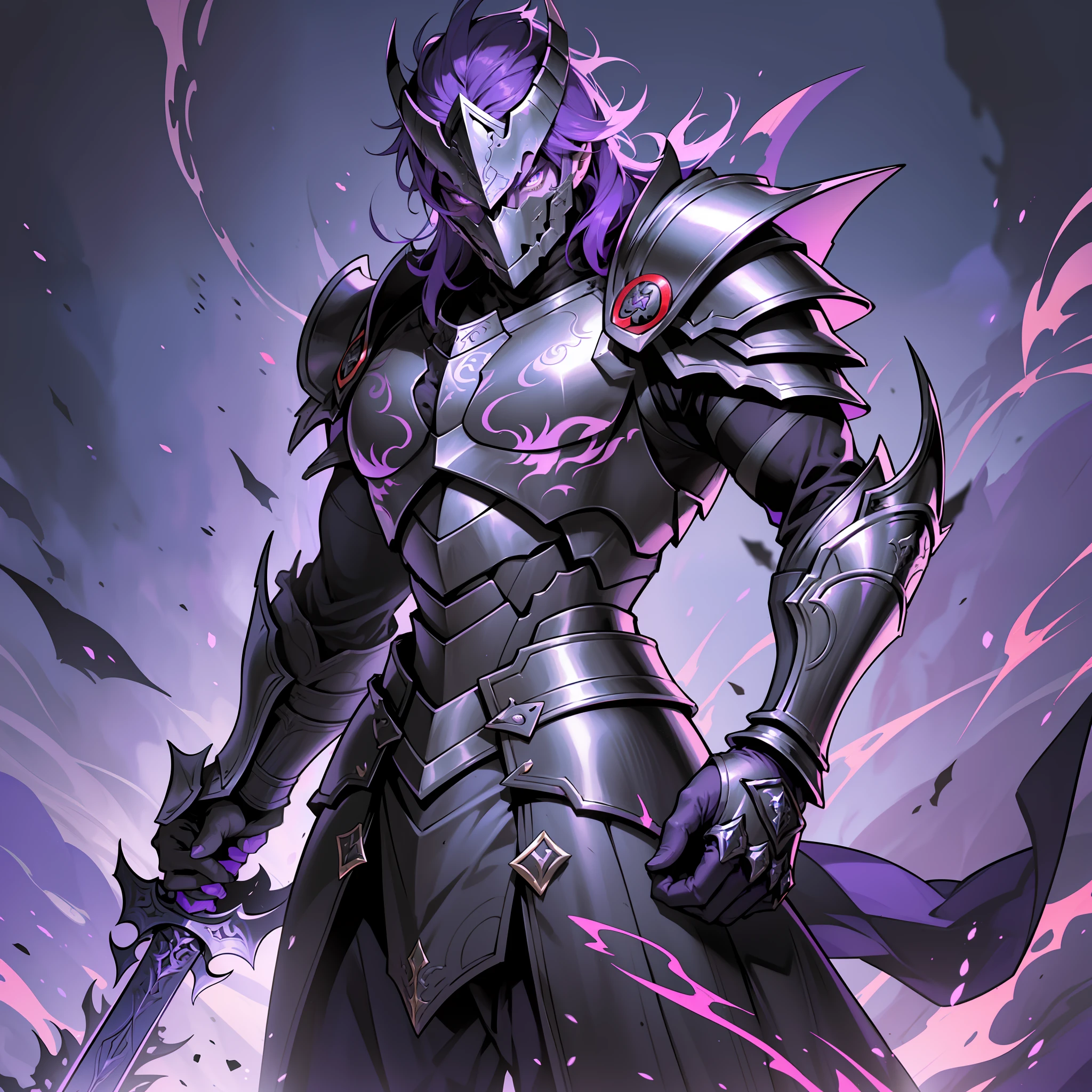 Close-up of a man holding a sword and armor, purple armor, black purple armor, purple demon armor, black fire reflective armor, demon warrior, blood knight, heavy armor and sword god of war, dragon knight, demon warrior, black and purple reflective armor, ruler of hell, Yang J, purple armor, king of cinder