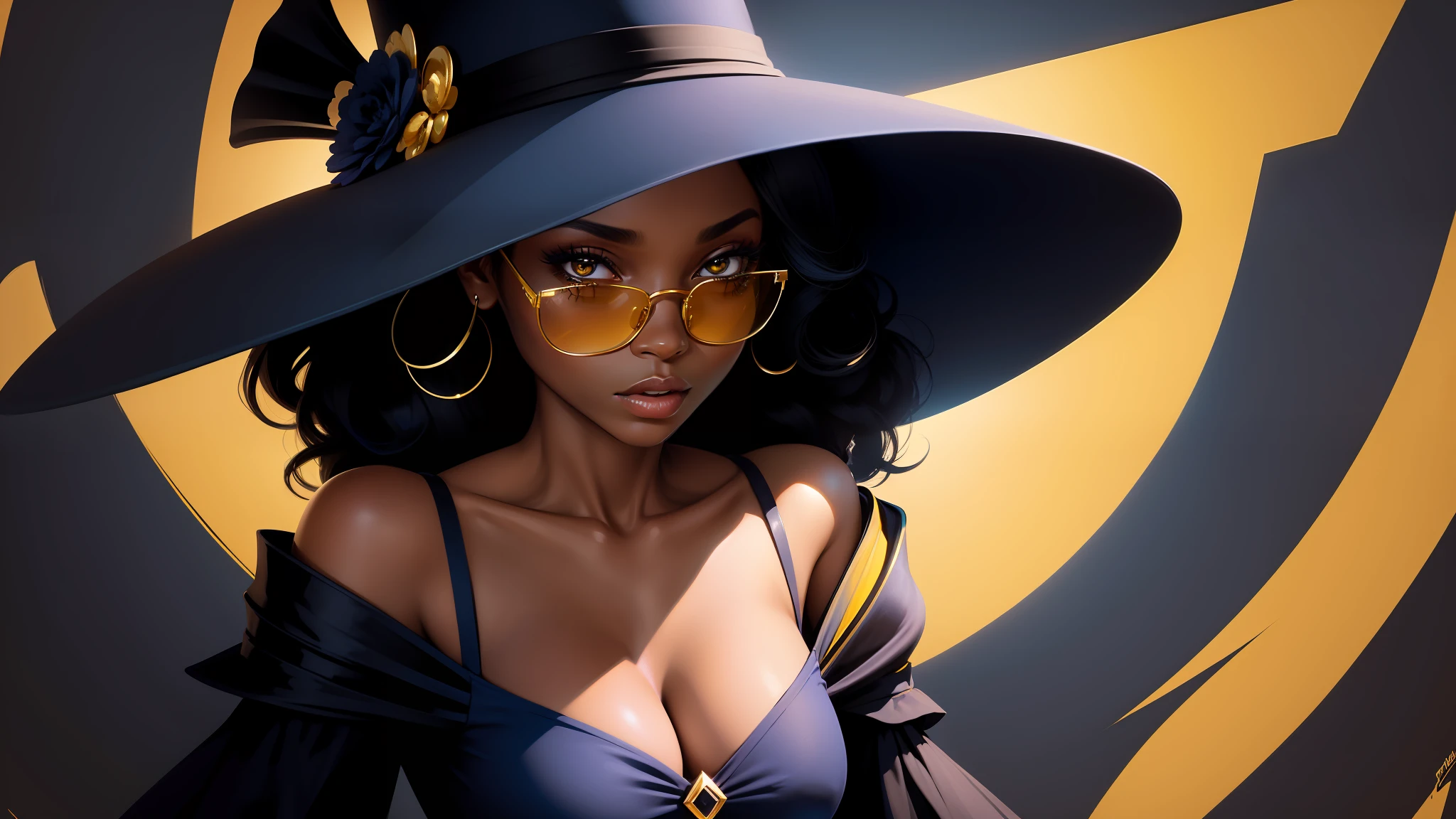 digital illustration, (close-up, character on the right), a single elegant black woman, with dress, hat and sunglasses, in the style of jazz, looking at the camera and forward, dramatic lighting, dark blue flat background, no text, (dark blue and yellow colors)
