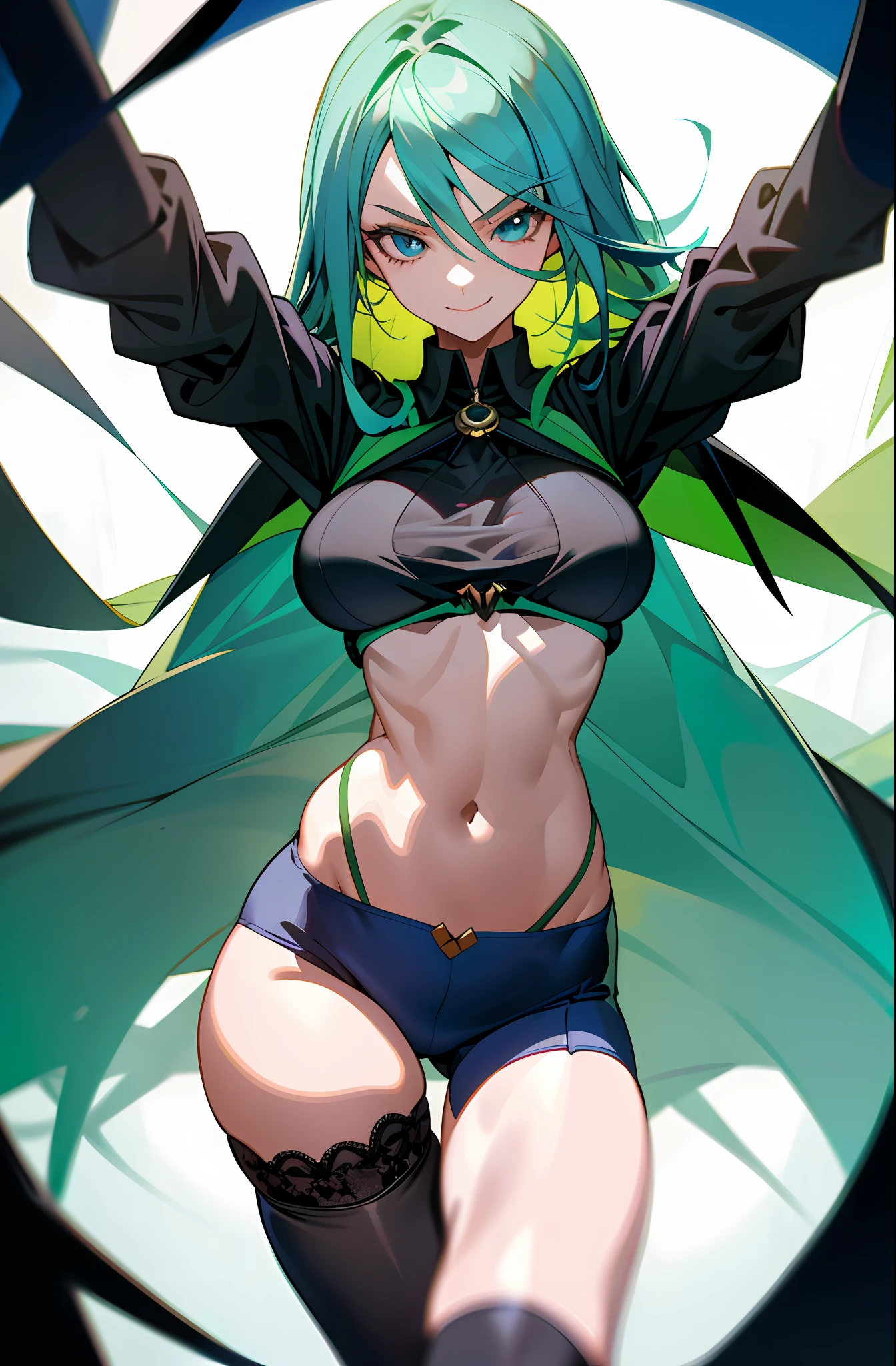 girl, tall, hidden arms, blue_and_green hair, detailed pretty eyes, navy blue eyes, evil smile, medium boobs, long areolas, mid waist, ripped abdomen, medium thighs, school uniform, long black stockings, detailed clothes, sexy pose, masterpiece, hyper realistic, high definition