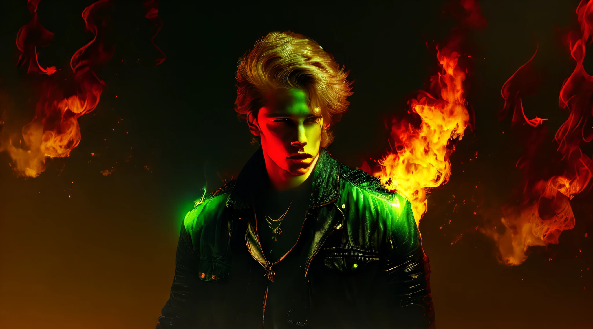 blonde haired boy with blue eyes and long blonde hair in a red leather jacket with guitar, straight hair, next gen, childish, boy hair, three futuristic princes, by Mirabello Cavalori, by derek zabrocki, beautiful symmetrical faces, children, by Bernardino Mei, children, by Zahari Zograf, beautiful boys, digital art. realistic photo, twins, fire music photo, elemental, portraitPORTRAT STYLE, flames are glowing in the dark with a reflection of fire, fire flames, flames in the background, fire and flames, flames in the background, roaring place of fire, flames of fire in the background, flames in flames, background flames, red flames in the background, fire and flames and smoke, fire on fire, many flames, flame and fire, fire in the background, multiple flames, PORTRAT STYLE, a green glow, detalized background of green glow, green glow, green ambient light, bright green, radioactive glow green, neon green, sickly green colors.