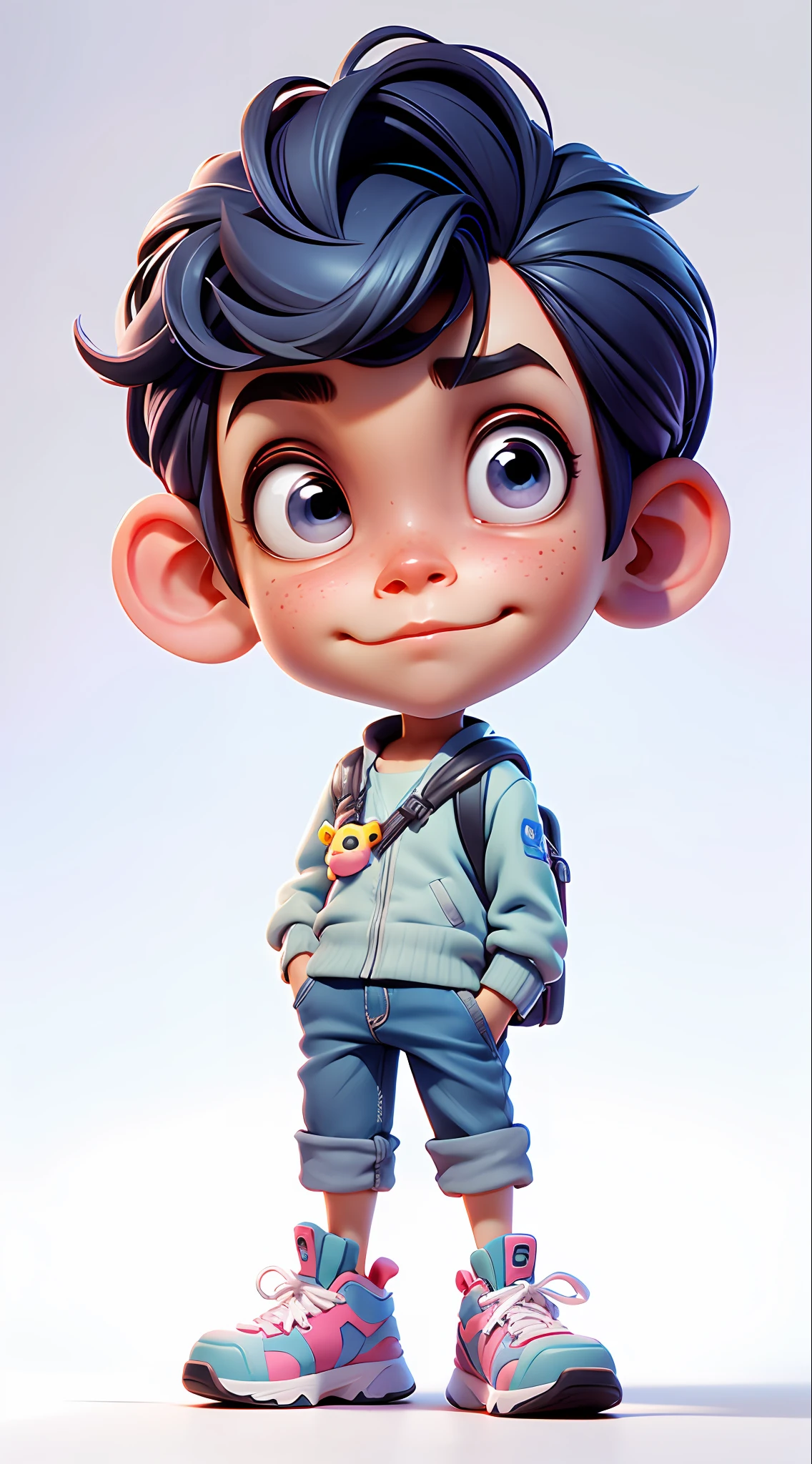 cartoon boy with backpack in front of a white background, animation character, 3d character, 3d character, arnold maya rendering, close-up character, 3d character rendering, cute cartoon character, toon render keyshot, pixar renderman rendering, highly detailed character, stylized character, cartoon character, cute 3d rendering, maxwell rendering,  half-party hairstyle, pixar style,