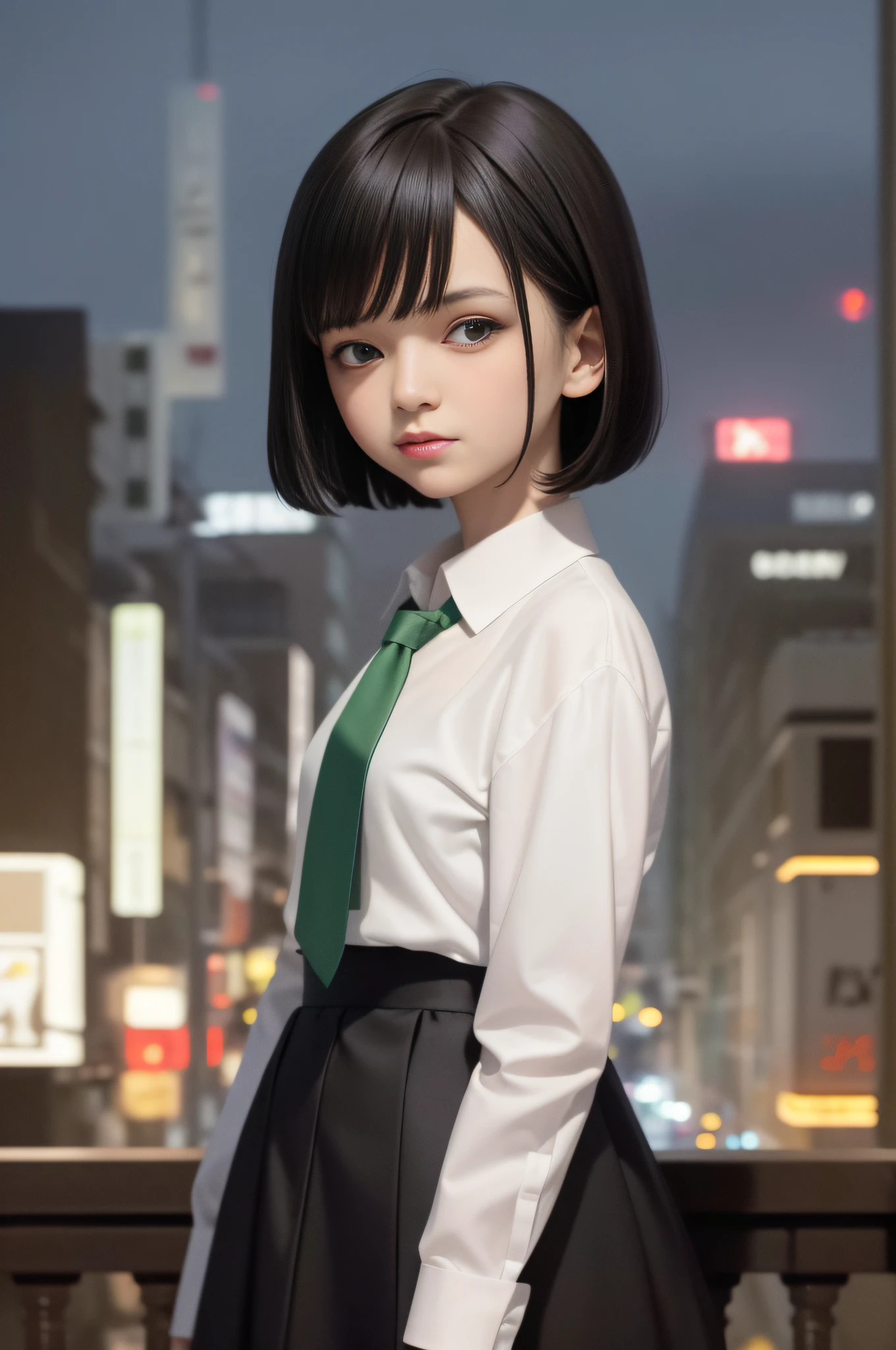 masterpiece, best image quality, black hair, blue eyes, looking up, upper body, thin transparent white shirt with collar, uniform, textured face, stiff stance, high school girl on the roof of a building, very detailed Japan city roof night view background, night view, standing with rooftop railing, overlooking the city, with PARCO sign of the next building in the background, shading, light awn, watercolor style, one high school girl surrounded by night view on the roof of the building, Pointed, ultra high definition face, detailed eyes, neat thin soft cloth green skirt, random hairstyle short hair, green ribbon tie, (8K, RAW, professional, best quality, masterpiece: 1.2), (realistic, photorealistic: 1.37), super detail, (portrait), (highest detail skin: 1.2), (best detail face) : 1.2), Cinematic Lighting