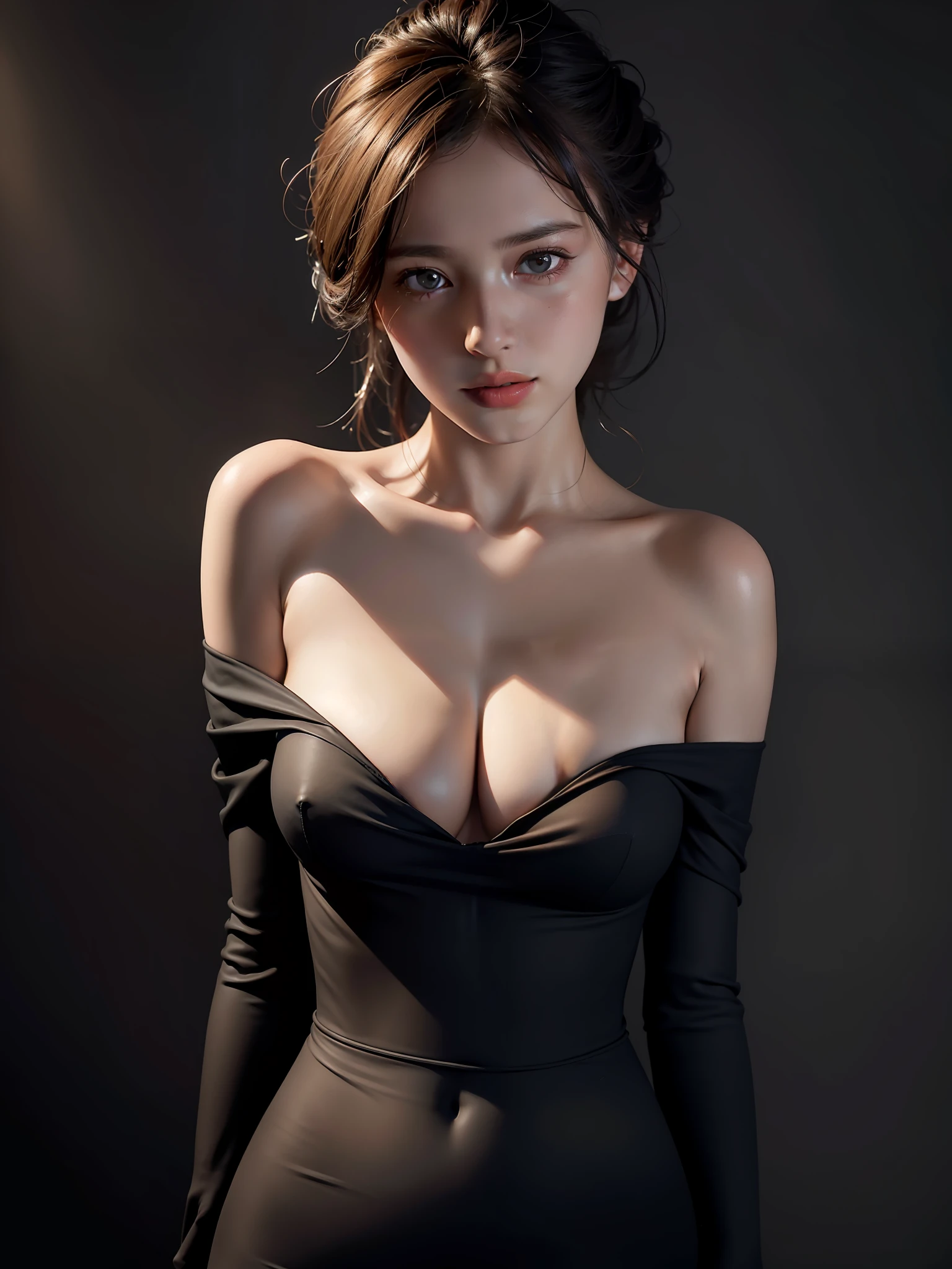 Best quality, masterpiece, ultra high res, (photorealistic:1.4), raw photo, 1girl, offshoulder, in the dark, deep shadow, low key, cold light