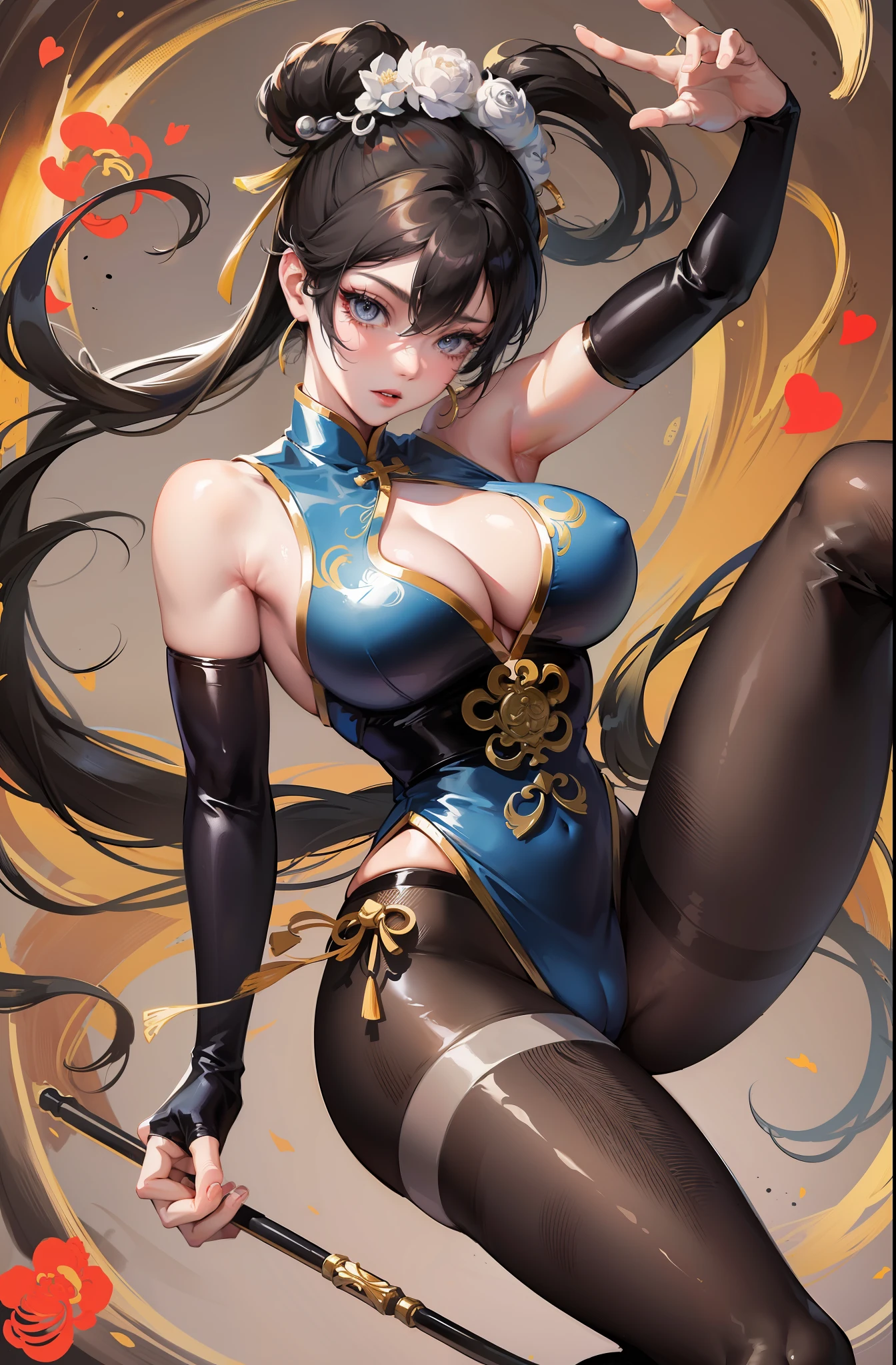 Chun Li, Pixiv style, double eyelids, long eyelashes, black pantyhose, white high boots, ink style Chinese dragon surrounding, kung fu moves, (muscle lines: 0.6), colorful background, sense of percussion