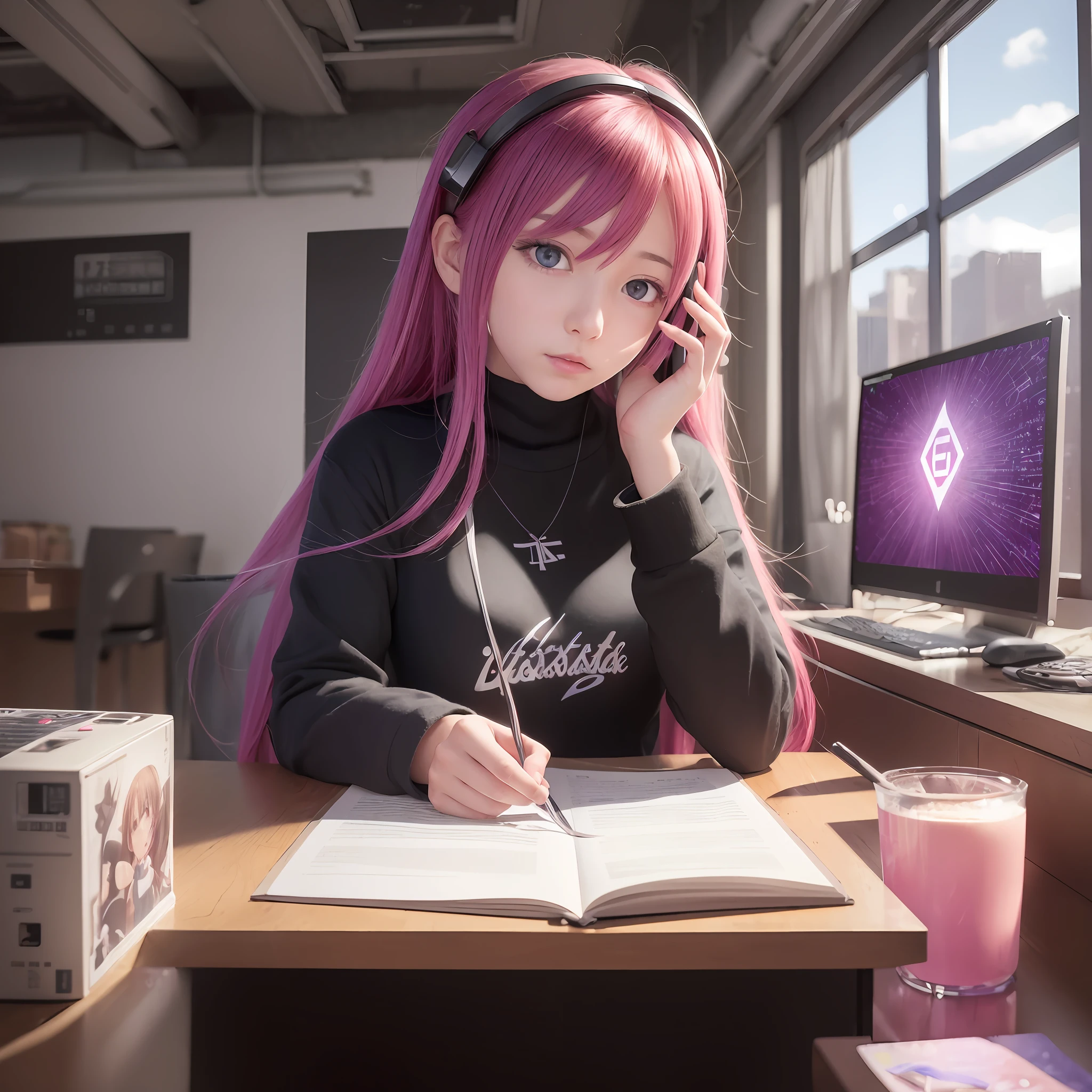 (64k, masterpiece:1.21), (best quality:1.21), (an extremely delicate and beautiful), ((Hasselblad photography)), (realistic, photo-realistic:1.3),(UHD), high res,HDR, cinematic lighting, highly detailed, highly detailed background, anime girl sitting at a desk with a cup of coffee, cyberpunk art by Yuumei, pixiv contest winner, conceptual art, anime style 4 k, anime girl desktop background, best anime 4k konachan wallpaper, in no game no life, hanayamata, digital cyberpunk anime art, serial experiments lain, 4 k manga wallpaper, anime peripheral
