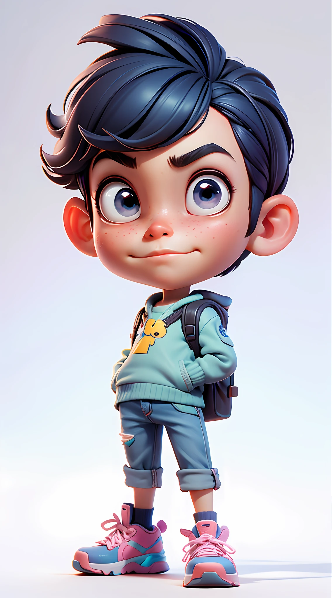 cartoon boy with backpack in front of a white background, animation character, 3d character, 3d character, arnold maya rendering, close-up character, 3d character rendering, cute cartoon character, toon render keyshot, pixar renderman rendering, highly detailed character, stylized character, cartoon character, cute 3d rendering, maxwell rendering,  half-party hairstyle, pixar style,