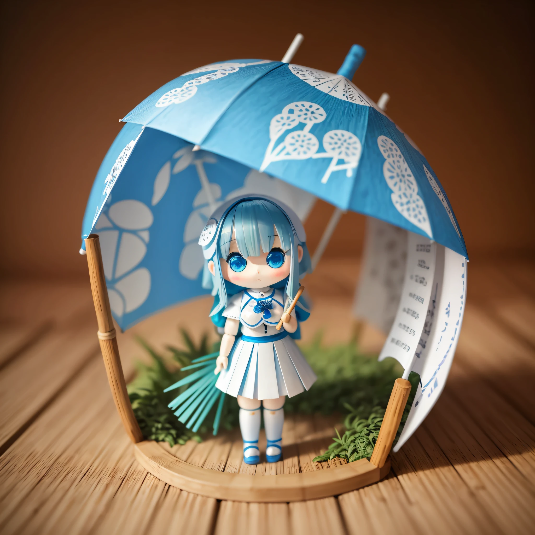 Humanoid blind box doll, blue hair, white skirt, round face, big breast, holding paper umbrella, displayed in bamboo forest, showing different perspectives, front, back, side