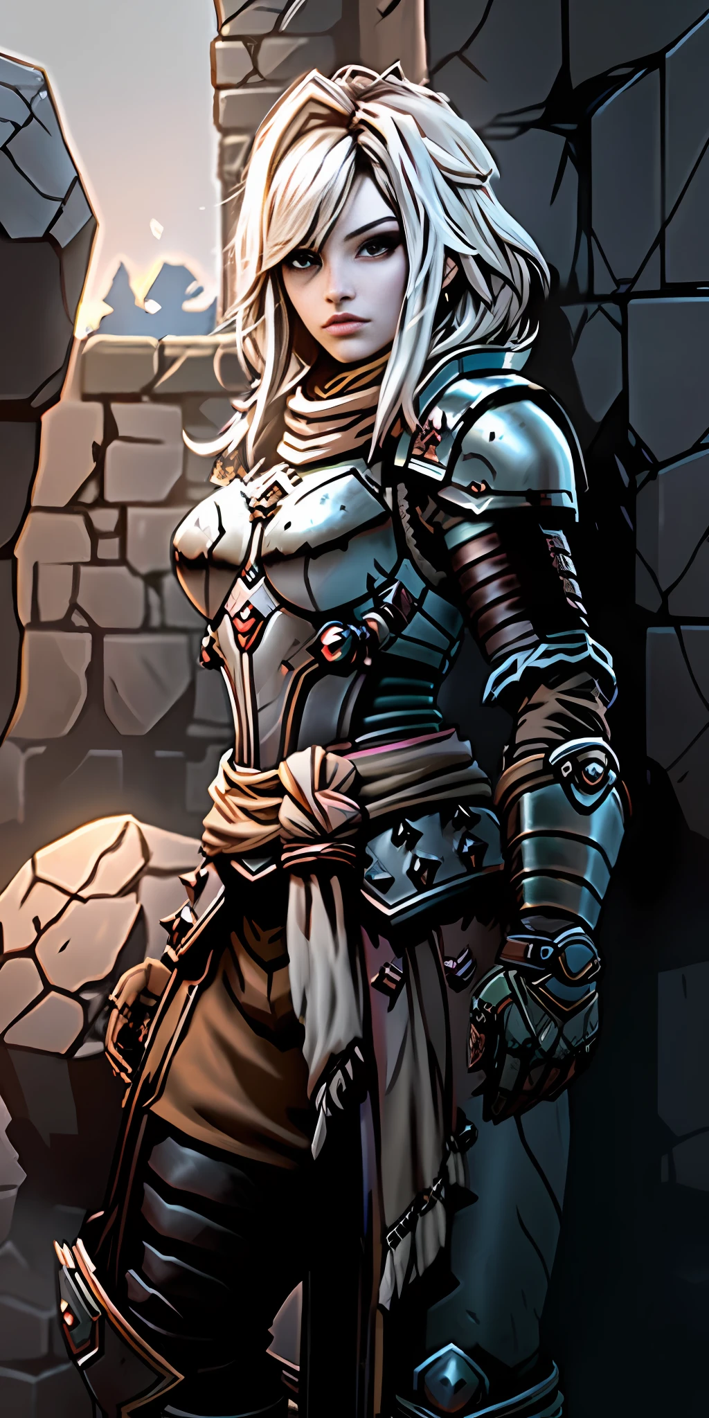 ((realistic image of beautiful young African warrior)), slight smile, ((standing in front of a stone wall)), wearing rusty Mandalorian armor, short dreadlock hair, leather boots, dark background lighting, close-up, detailed facial details, perfect face, sharpness, trend art, sharp facial details, ultra high quality, line art, high fantasy, exquisite, 4k, soft lighting 8k,  Dreamer --ISO 100, anime, line art (extremely detailed 8k wallpaper), image a noble lady, the lord of the castle wife, wearing a Mandalorian armor, dramatic lighting and shadows, 8k resolution, intricate, high detail, dramatic, knight, female solo, hands resting on the sword, whole body, serene look, gauntlets, gloves, breastplate, shoulder armor, black gloves,  serene face, armored vest, sword sheathed at waist, thick waist, huge breasts