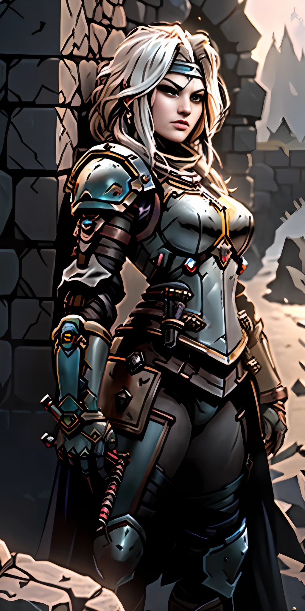 ((realistic image of beautiful young African warrior)), slight smile, ((standing in front of a stone wall)), wearing rusty Mandalorian armor, short dreadlock hair, leather boots, dark background lighting, close-up, detailed facial details, perfect face, sharpness, trend art, sharp facial details, ultra high quality, line art, high fantasy, exquisite, 4k, soft lighting 8k, Dreamer --ISO 100, anime, line art (extremely detailed 8k wallpaper), image a noble lady, the lord of the castle wife, wearing a Mandalorian armor, dramatic lighting and shadows, 8k resolution, intricate, high detail, dramatic, knight, female solo, hands resting on the sword, whole body, serene look, gauntlets, gloves, breastplate, shoulder armor, black gloves, serene face, armored vest, sword sheathed at waist, thick waist, huge breasts