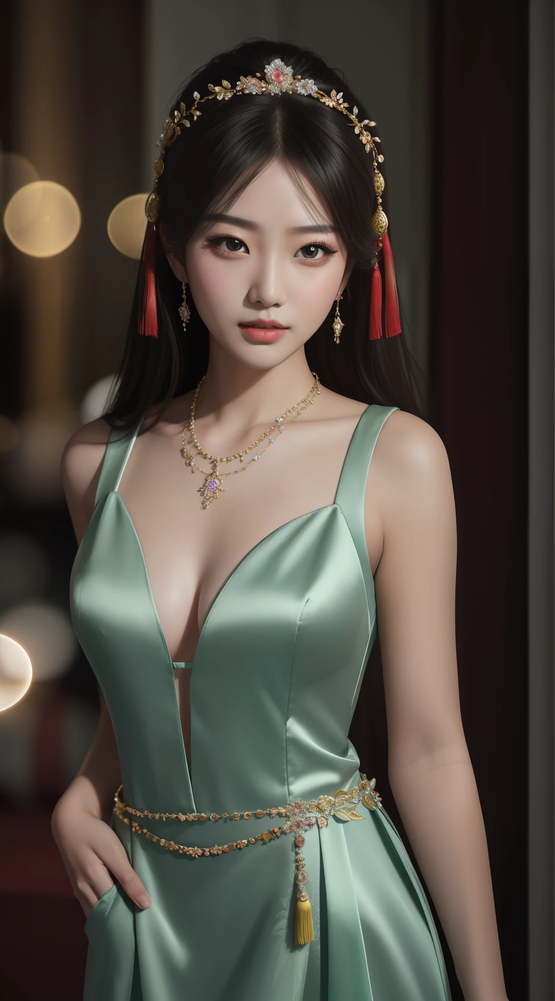 Best Quality, Masterpiece, High Resolution, 1girl, Chinese Wedding Dress, Hair Accessories, Necklaces, Jewelry, Beautiful Face, upon_body, Tyndall Effect, Sexy, Realistic, Dark Studio, Edge Lighting, Two-tone Lighting, (High Detail Skin: 1.2), 8k UHD, DSLR, Soft Lighting, High Quality, Volume Lighting, Frank, Photo, High Resolution, 4K, 8K, Bokeh