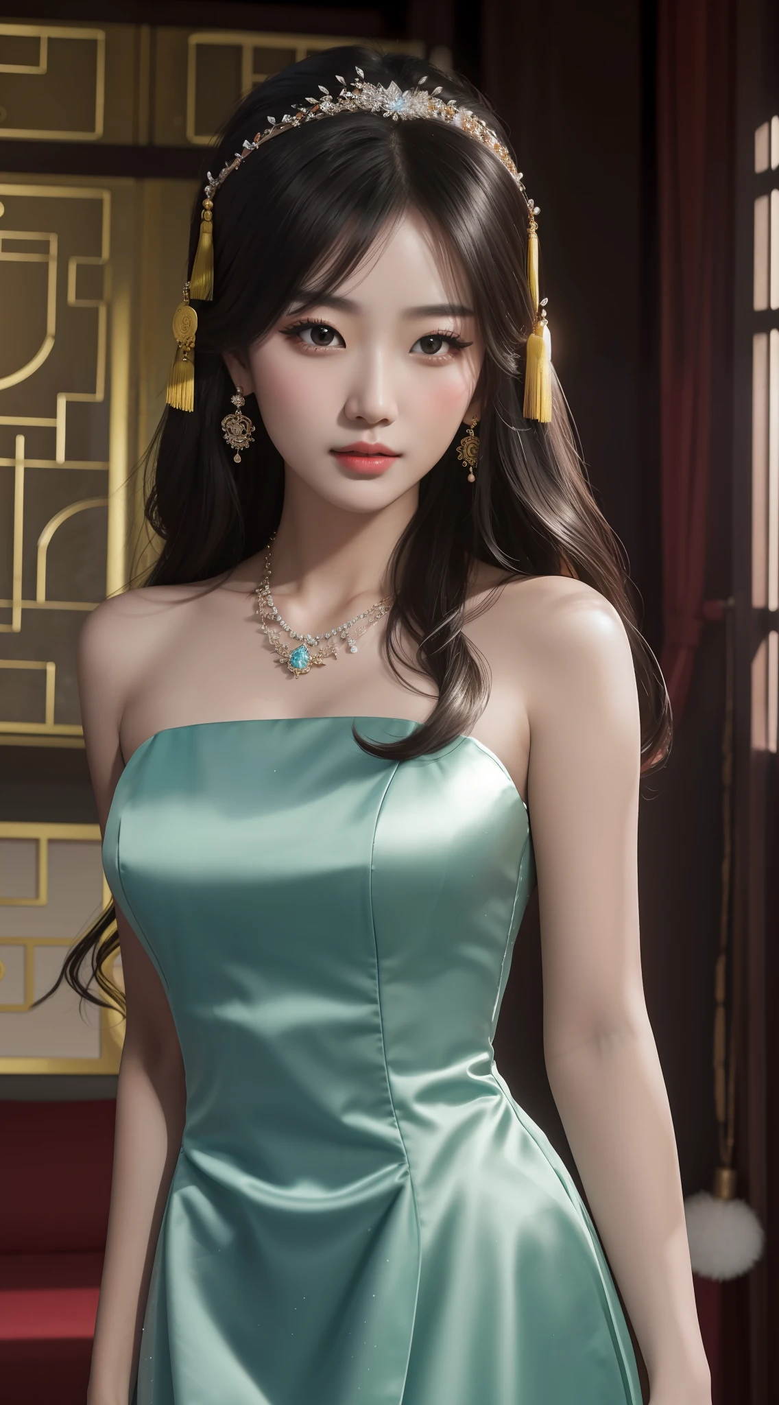 Best Quality, Masterpiece, High Resolution, 1girl, Chinese Wedding Dress, Hair Accessories, Necklaces, Jewelry, Beautiful Face, upon_body, Tyndall Effect, Sexy, Realistic, Dark Studio, Edge Lighting, Two-tone Lighting, (High Detail Skin: 1.2), 8k UHD, DSLR, Soft Lighting, High Quality, Volume Lighting, Frank, Photo, High Resolution, 4K, 8K, Bokeh