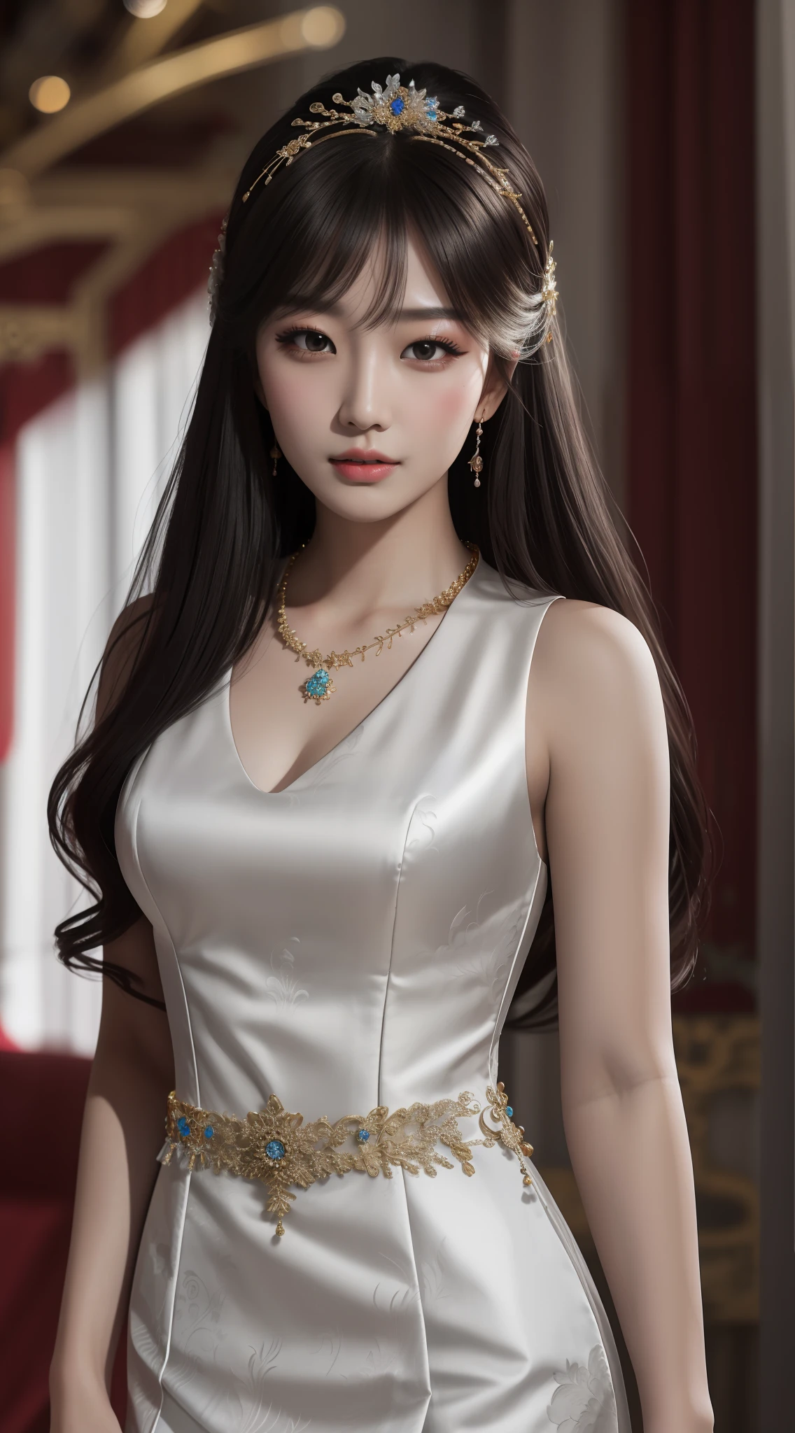 Best Quality, Masterpiece, High Resolution, 1girl, Chinese Wedding Dress, Hair Accessories, Necklaces, Jewelry, Beautiful Face, upon_body, Tyndall Effect, Sexy, Realistic, Dark Studio, Edge Lighting, Two-tone Lighting, (High Detail Skin: 1.2), 8k UHD, DSLR, Soft Lighting, High Quality, Volume Lighting, Frank, Photo, High Resolution, 4K, 8K, Bokeh