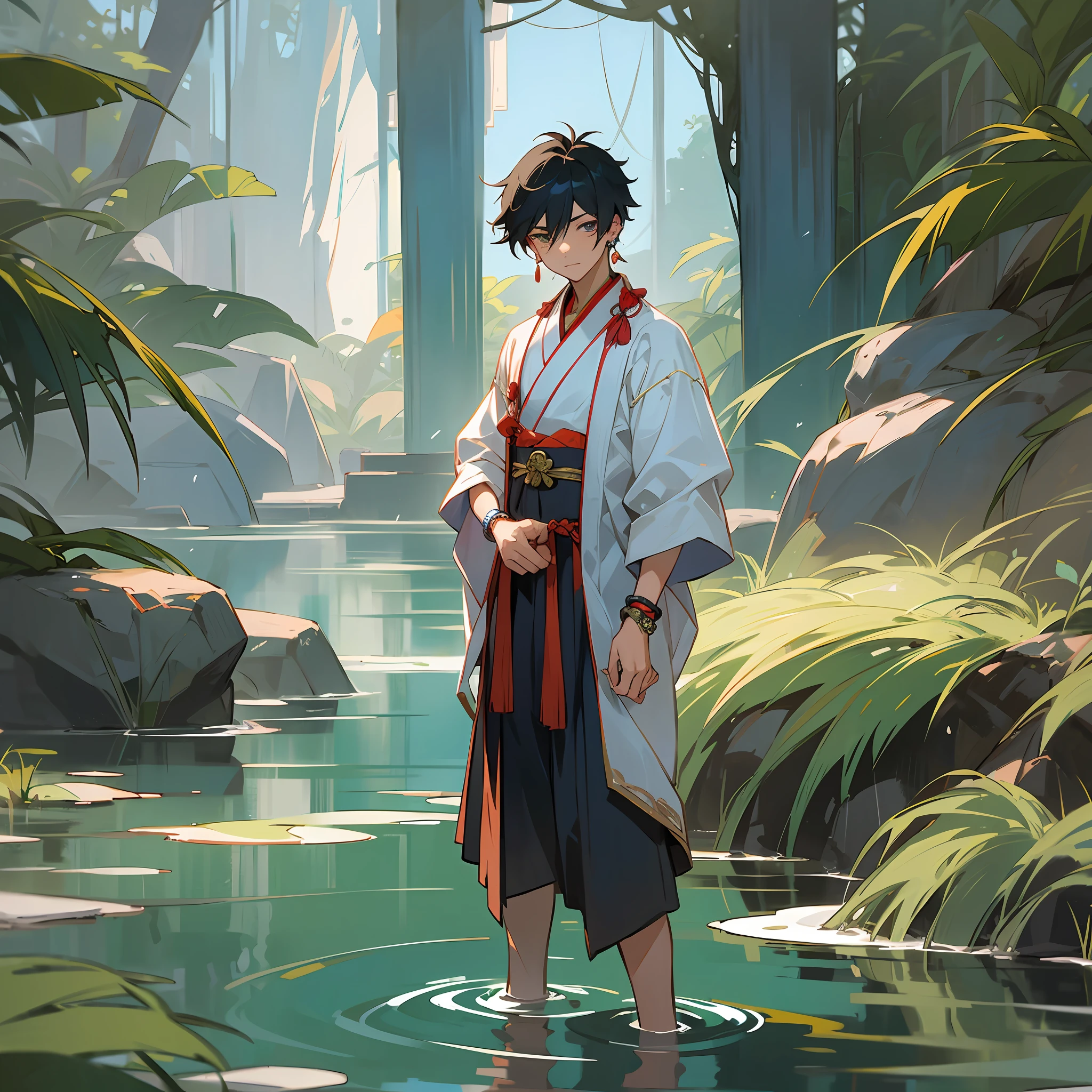 An anime-style male ager stands on the water, dressed in an old Chinese-style dress. He has earrings, bracelets and ankles. There was a mysterious and cold look in his eyes. He seemed to be waiting for something --auto --s2