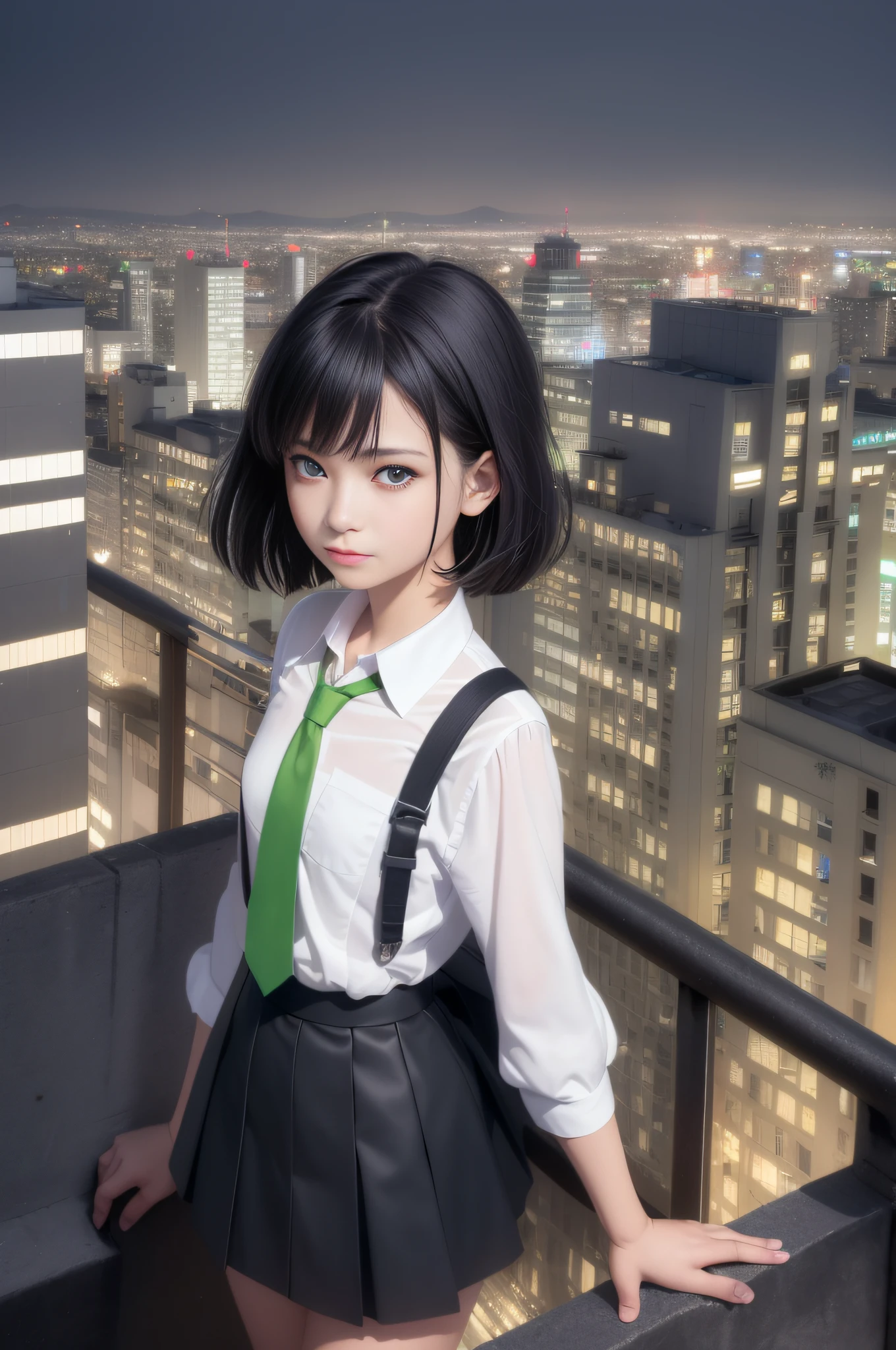 masterpiece, best image quality, black hair, blue eyes, looking up, upper body, thin transparent white shirt with collar, uniform, textured face, stiff stance, high school girl on the roof of a building, very detailed Japan city roof night view background, night view, standing with rooftop railing, overlooking the city, with PARCO sign of the next building in the background, shading, light awn, watercolor style, one high school girl surrounded by night view on the roof of the building, Pointed, ultra high definition face, detailed eyes, neat thin soft cloth green skirt, random hairstyle short hair, green ribbon tie, (8K, RAW, professional, best quality, masterpiece: 1.2), (realistic, photorealistic: 1.37), super detail, (portrait), (highest detail skin: 1.2), (best detail face) : 1.2), Cinematic Lighting