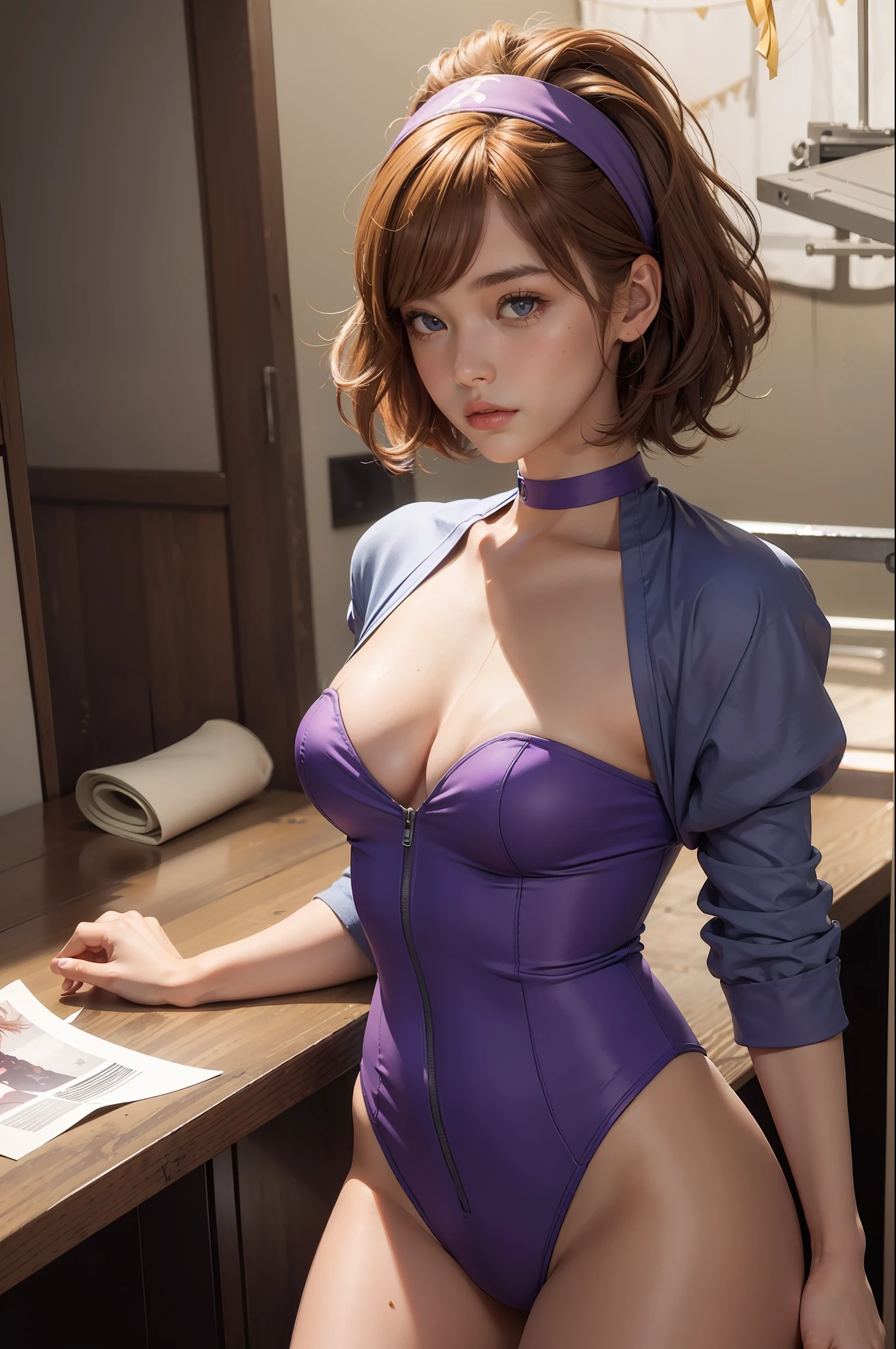 girl, caramel hair styling for short hair, fluorescent purple headband, equirectangular columnar 360, high resolution, [(Willie Baumeister's Art: 1.1), (John T. Biggs' Art: 1.2): :17], Official Art, Unity 8k wallpaper, ultra detail, aesthetics, masterpiece, best quality, realistic