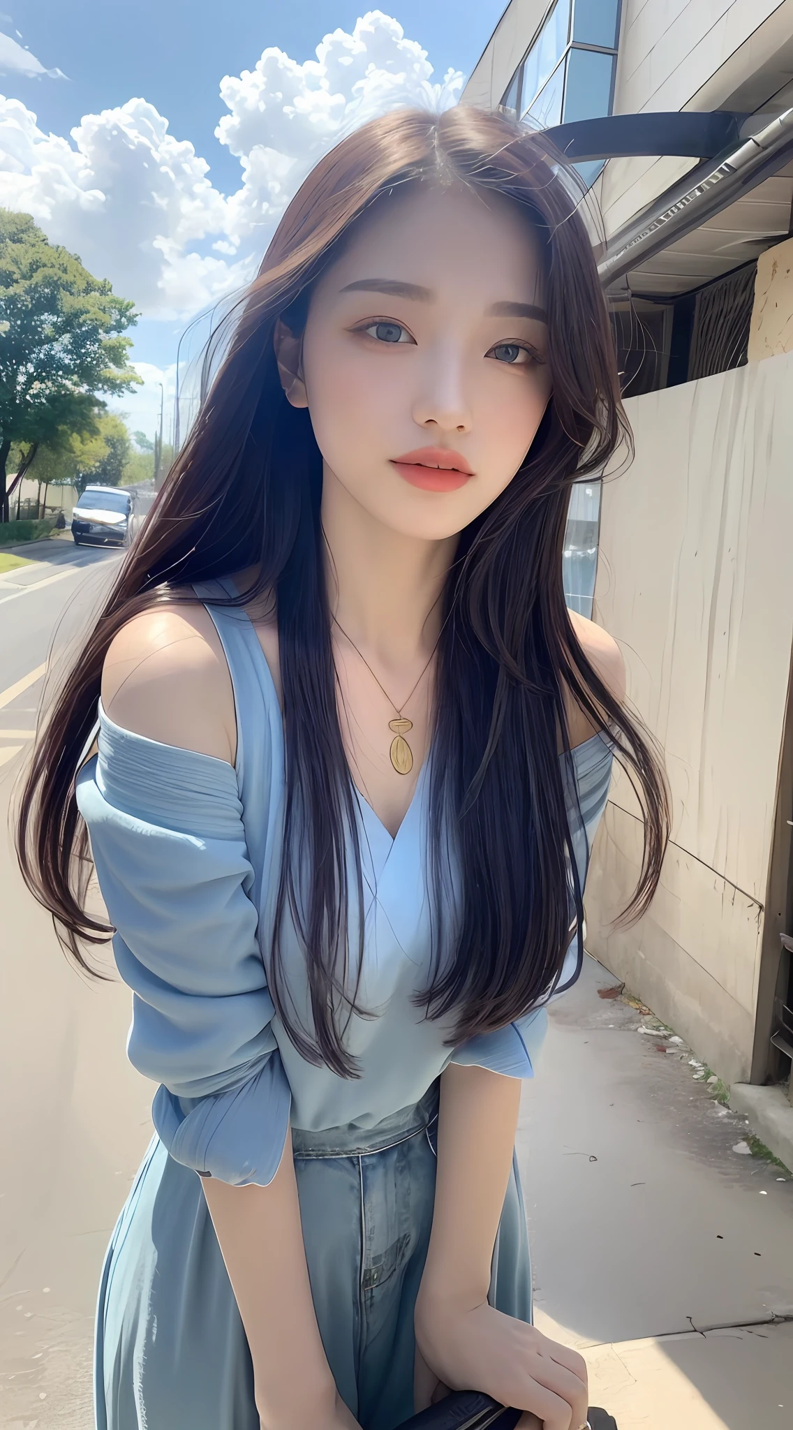 ((HD 8k wallpaper, exquisite and detailed, bright light, soft shadows)), floating, natural atmosphere, blue sky and white clouds, landscape (far or close), 1 female, blue eyes, colorful hair (gold: 1.2 + red: 1.1 + silver + purple + green: 1.3), white martial arts costume, necklace, dynamic pose, dynamic angle, natural water droplet, sky scene, watercolor style.
