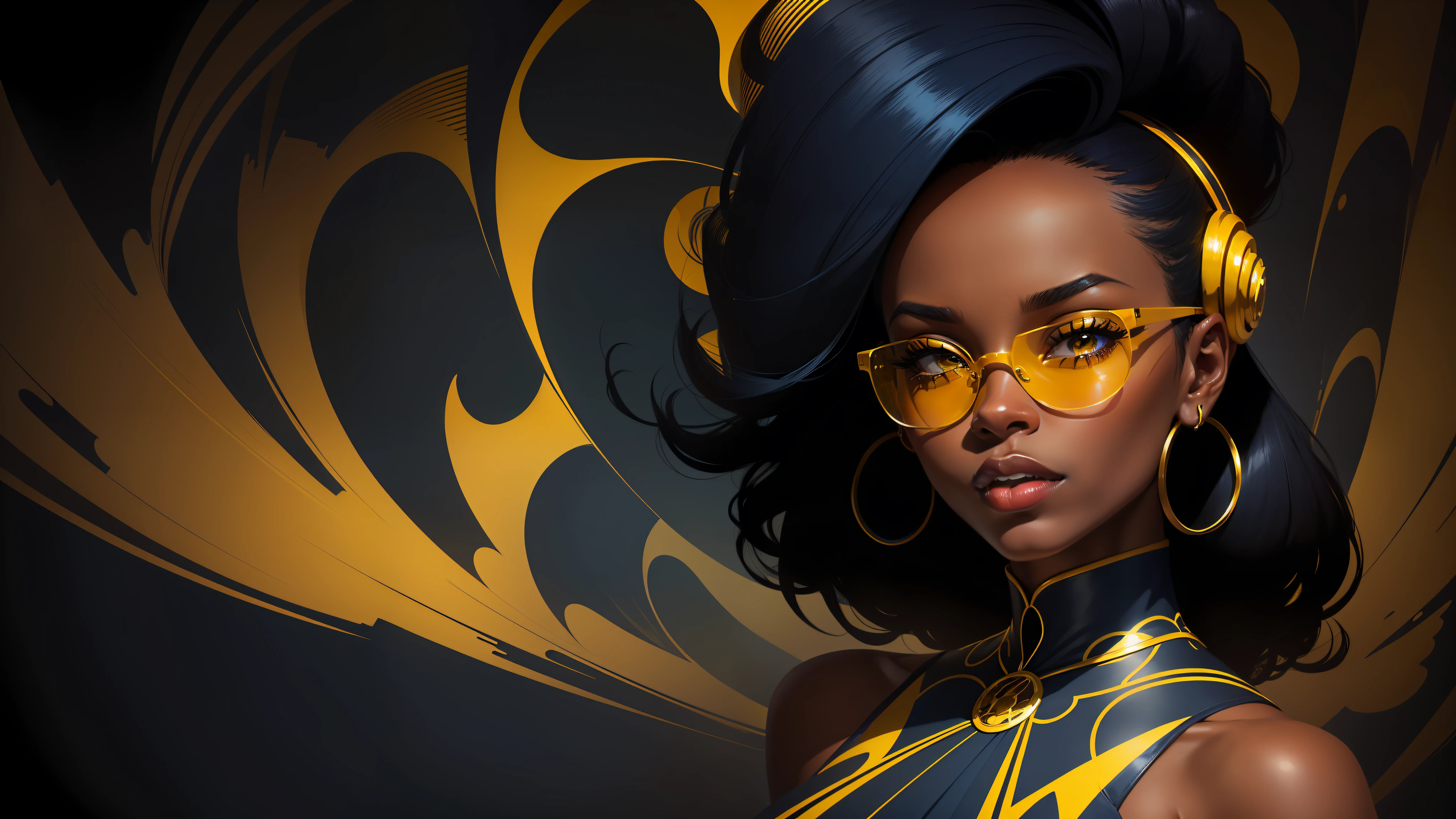 digital illustration, (close-up, character on the right), a single elegant black woman, with dress, cigarette and sunglasses, in the style of jazz, looking at the camera and forward, dramatic lighting, abstract background in dark blue and yellow, without text, (dark blue and yellow colors)