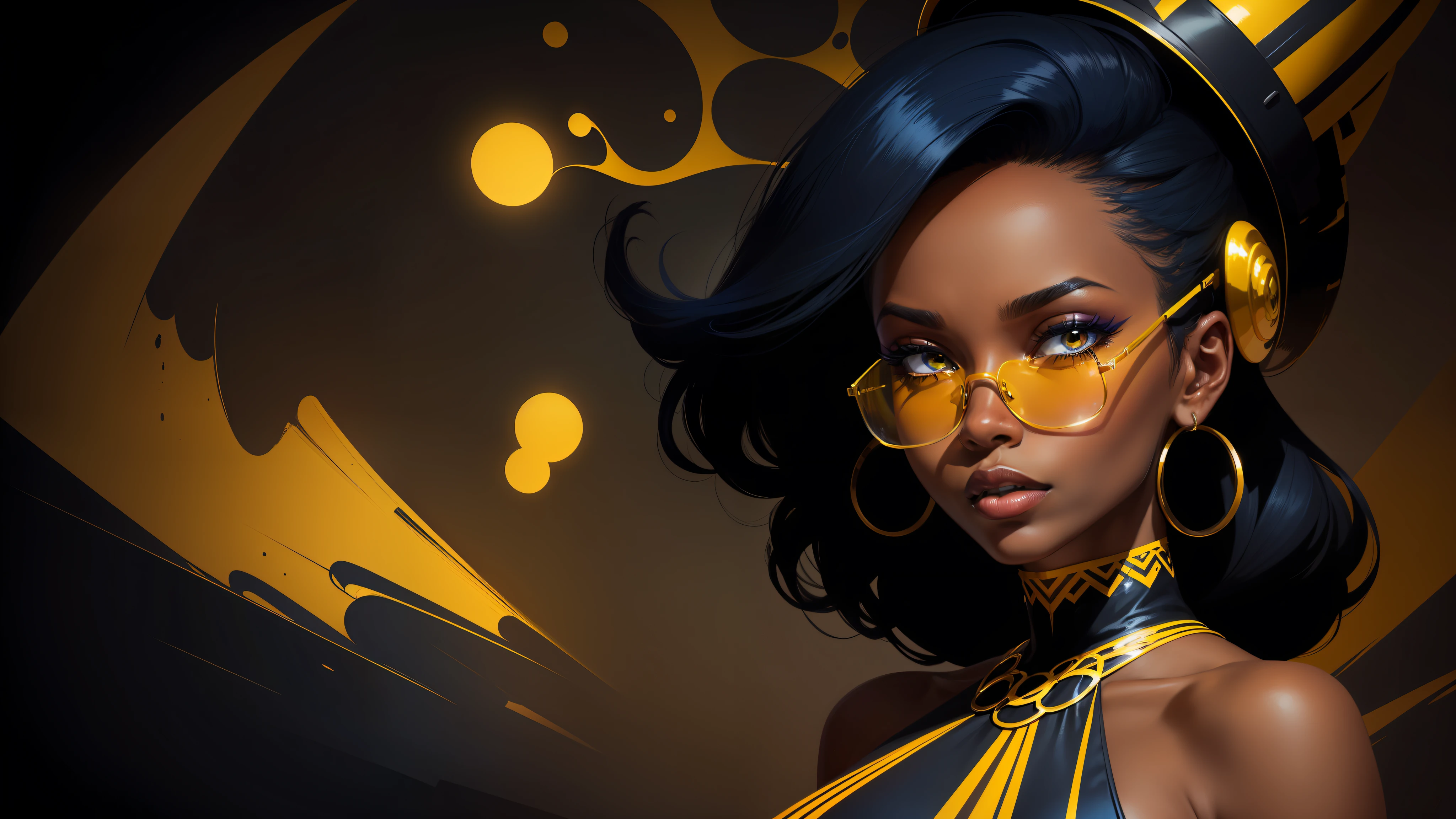 digital illustration, (close-up, character on the right), a single elegant black woman, with dress, cigarette and sunglasses, in the style of jazz, looking at the camera and forward, dramatic lighting, abstract background in dark blue and yellow, without text, (dark blue and yellow colors)