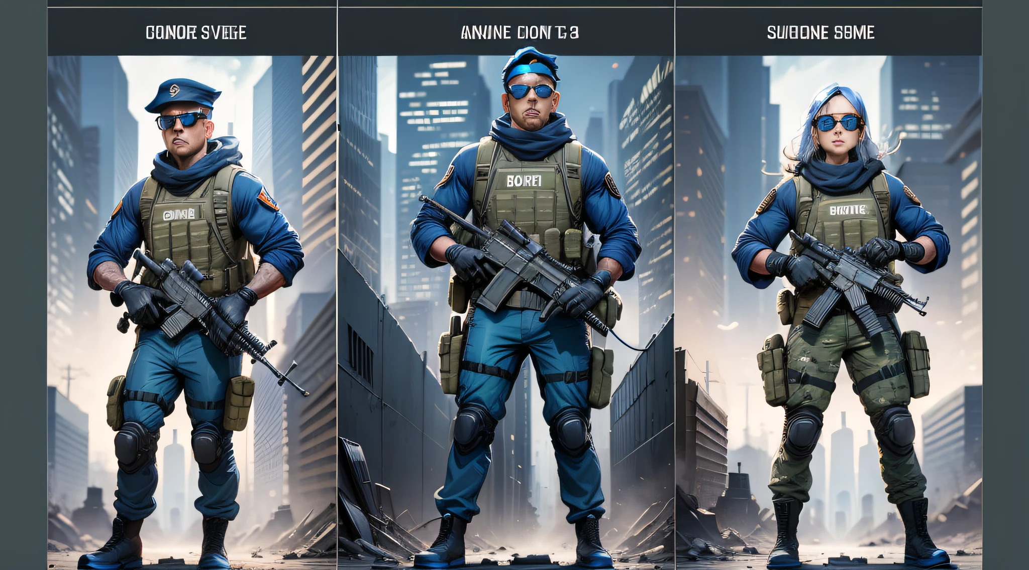 Comic page, one page has four panels: on a deserted city street (vista), in one frame a special forces soldier wearing sunglasses with a submachine gun followed by several soldiers (middle view), in the style of Andreas Rocha, cobalt blue and reflective silver, film style P30, asymmetrical