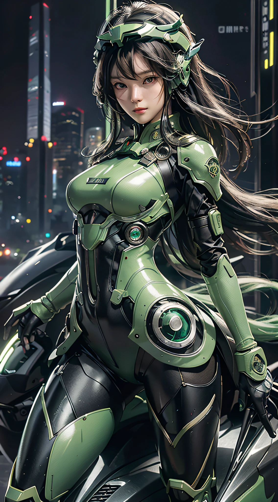 Highest image quality, outstanding details, ultra-high resolution, (realism: 1.4), the best illustration, favor details, highly condensed 1girl, with a delicate and beautiful face, dressed in a black and green mecha, wearing a mecha helmet, holding a directional controller, riding on a motorcycle, the background is a high-tech lighting scene of the future city.