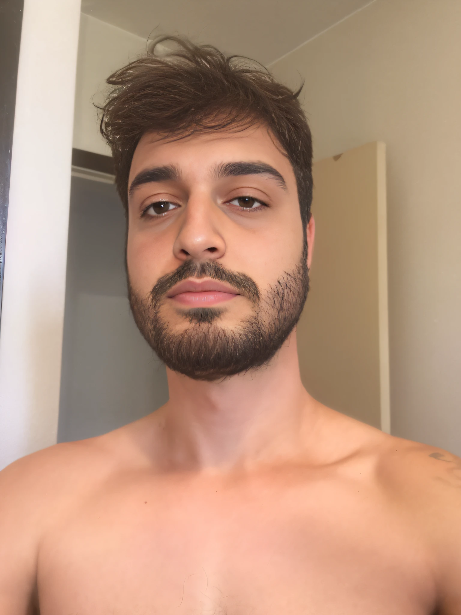Arafed man with beard and shirtless looking at the camera, neck, chest and face, short facial hair, short beard, small beard, 29 years old, with small beard, light beard, short beard, half-body head shot