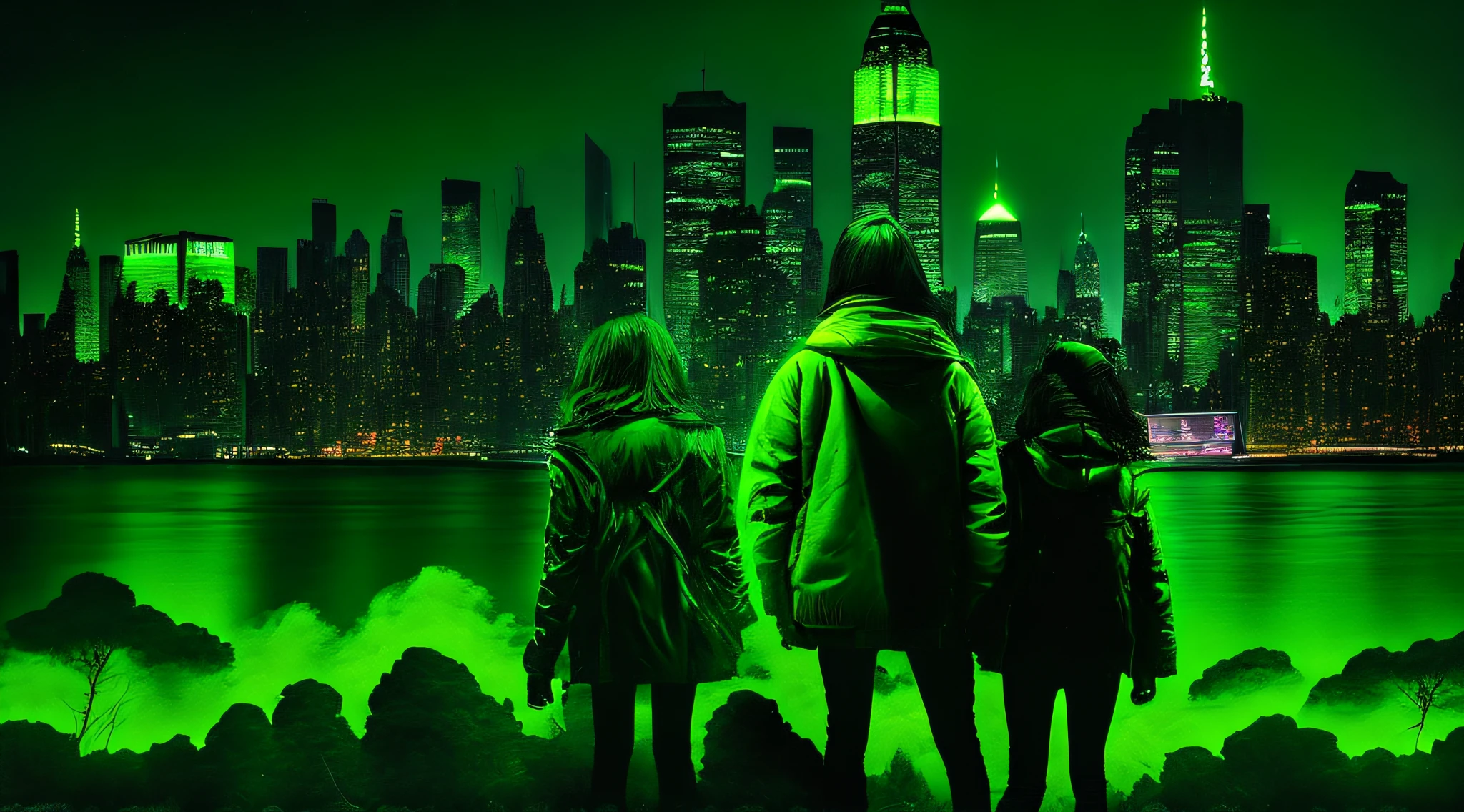 3 girls children PORTRAT STYLE, WITH SMOOTH BLONDE HAIR, , Green leather jacket and black clothing., image arafede a city skyline with a bridge and a green glow, detalized background of new york, green glow, ny, green glow, brooklyn background, green ambient light, new york background, new york city background, bright green,  Radioactive glow green, neon green, sickening green colors, Gotham City background, New York City as a backdrop, New York