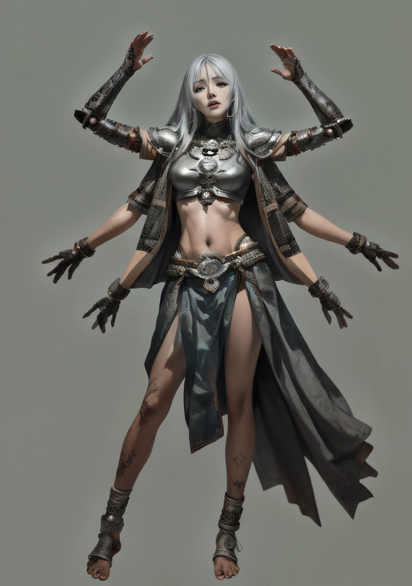 Asura Goddess, Buddhist elements, detailed face and eyes, silver long hair, full body, Japanese armor, rich details, gorgeous patterns, shabby fabric, barefoot, realistic, photo, masterpiece, realism, high contrast, realistic digital art trends in Artstation 8k HD HD details realistic, detailed, skin texture, super detailed, realistic skin texture, armature, best quality, super high resolution, (realistic:1.4),, high resolution, detailed, original photo, sharp re, Lee Jeffries Nikon D850 Film Stock Photo 4 Kodak Portra 400 Camera F1.6 Lens Rich Colors Ultra-realistic textures Dramatic lighting Unreal Engine Trends on the Art Station Movie Still 800