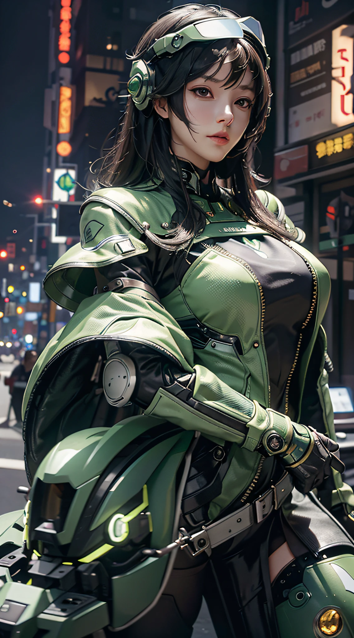 Highest image quality, outstanding details, ultra-high resolution, (realism: 1.4), the best illustration, favor details, highly condensed 1girl, with a delicate and beautiful face, dressed in a black and green mecha, wearing a mecha helmet, holding a directional controller, riding on a motorcycle, the background is a high-tech lighting scene of the future city.