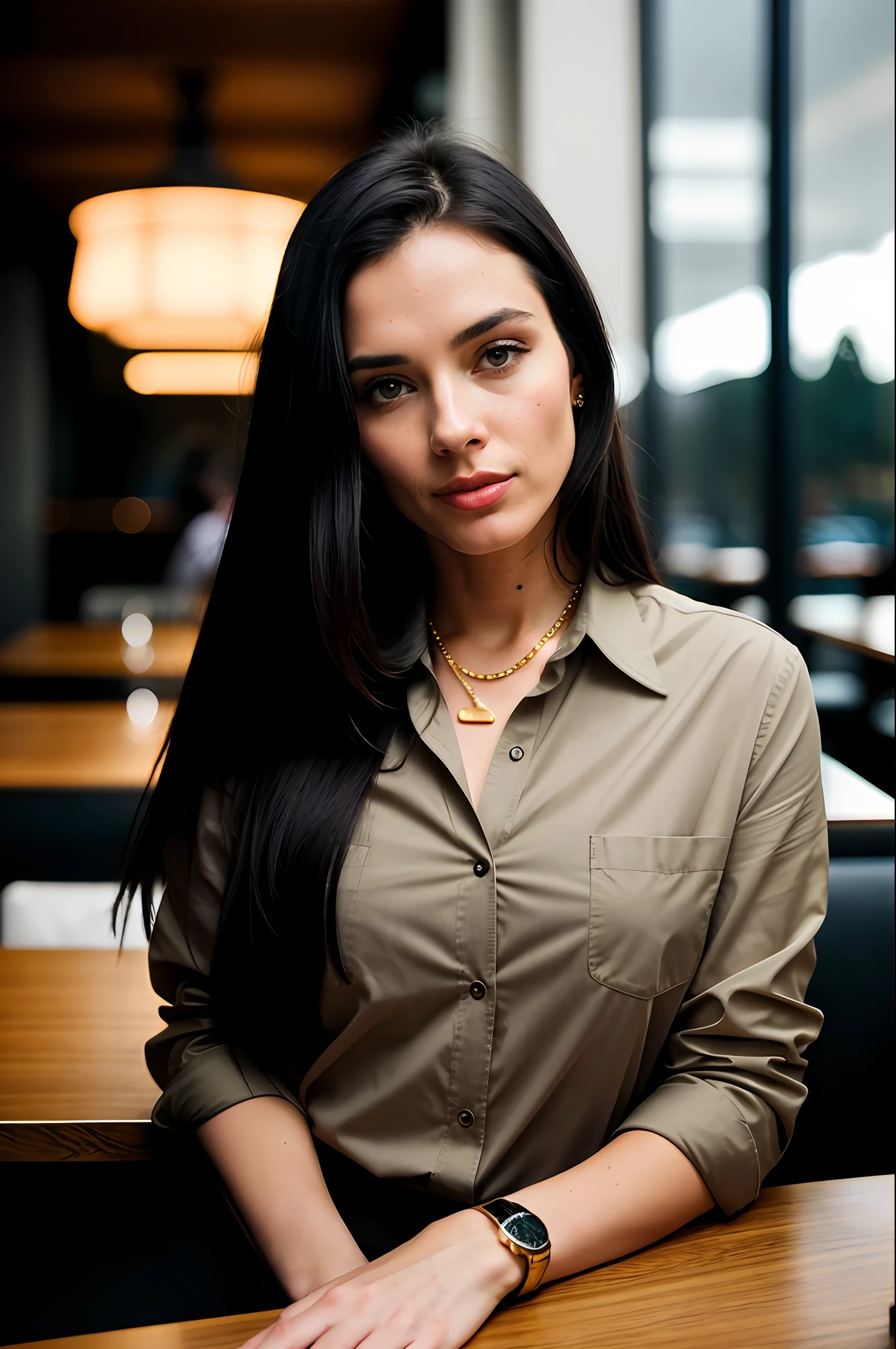 beautiful woman, long straight black hair, wearing a beige shirt, wearing jewelry and gold watches, front view (sitting inside a modern restaurant at night), Isabelle Adjani, very detailed, 36 years, l, brown eyes, 54kg, 1.61 height, business style, high-res, masterpiece, best quality, intricate details, highly detailed, sharp focus, detailed skin, realistic skin texture, texture, detailed eyes, professional, 4k, Canon shooting, 85mm, shallow depth of field, Kodak color vision, perfect fit body, extremely detailed, photo_\(ultra\), photorealistic, realistic, post-processing, maximum detail, roughness, real life, ultra realistic, photorealism, photography, 8k uhd, photography (grain of film) medium shot for closeup shot atmospheric dark lighting